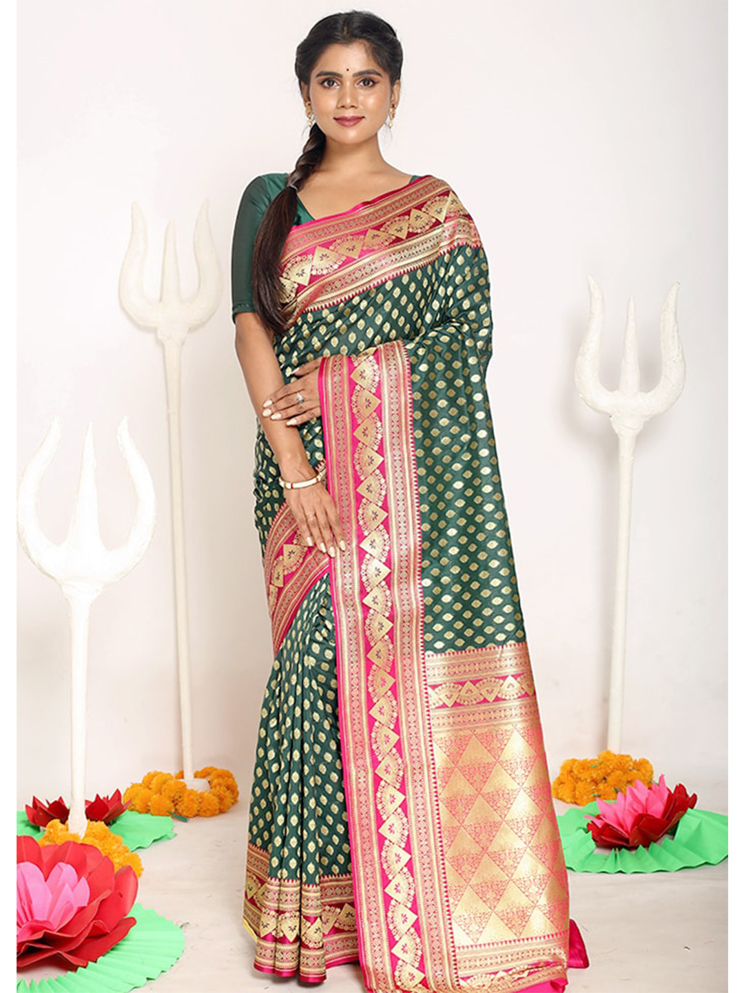 

AllSilks Green & Pink Woven Design Zari Silk Blend Uppada Saree