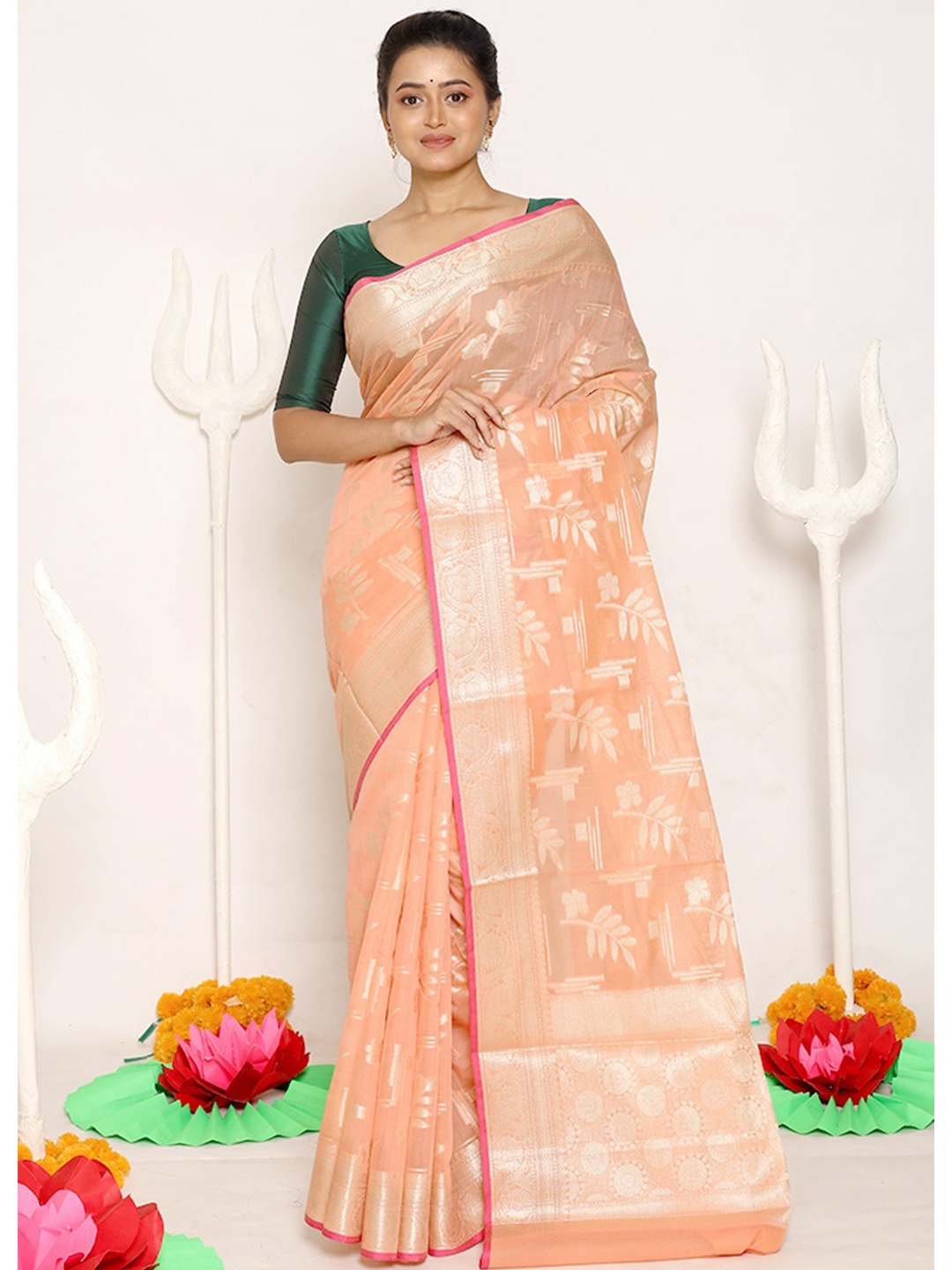 

AllSilks Peach-Coloured & Silver-Toned Woven Design Zari Silk Cotton Saree