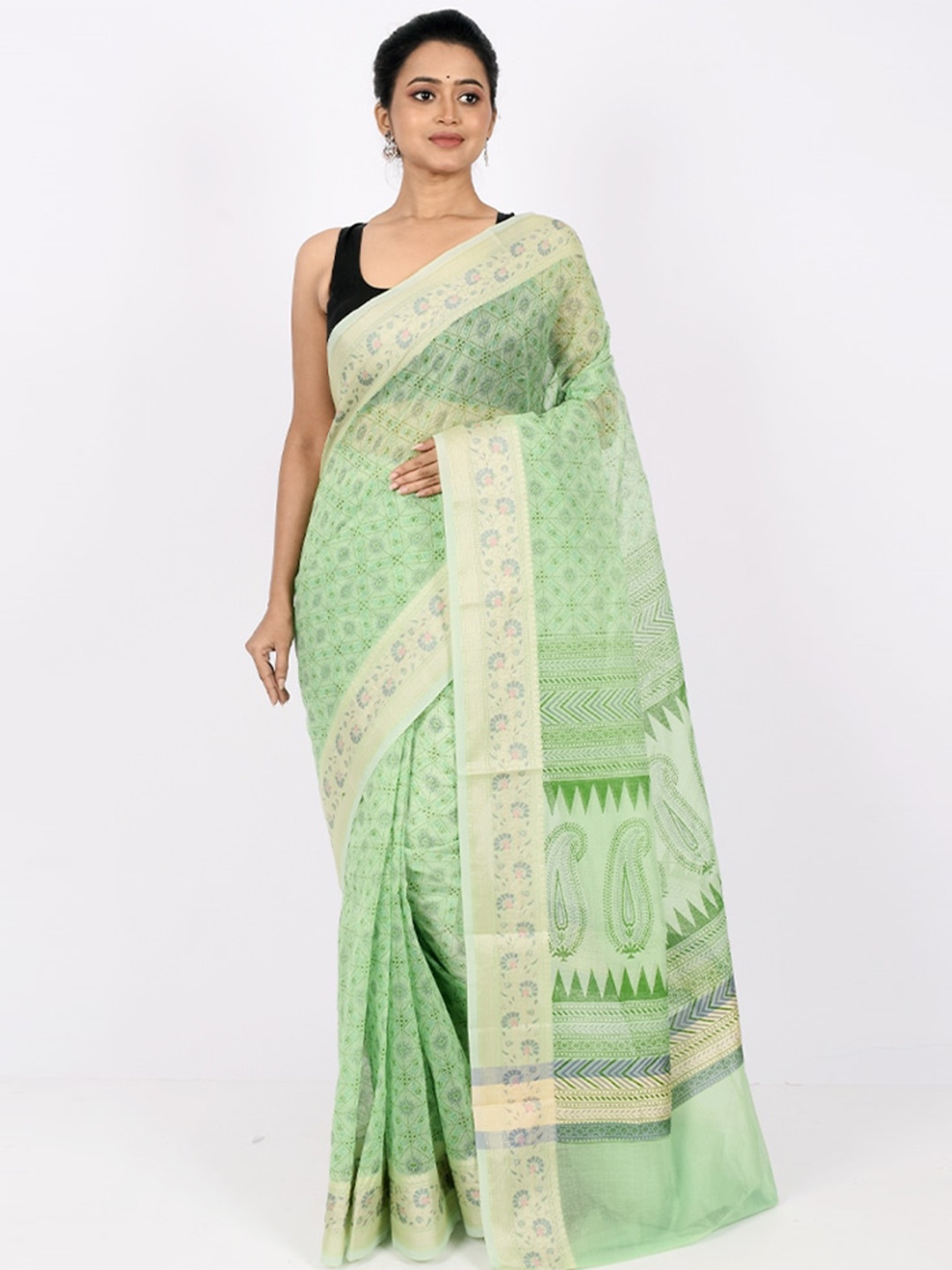 

AllSilks Green & Cream-Coloured Floral Pure Cotton Saree
