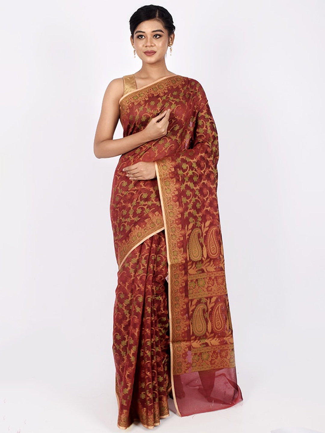 

AllSilks Maroon & Green Woven Design Silk Cotton Saree