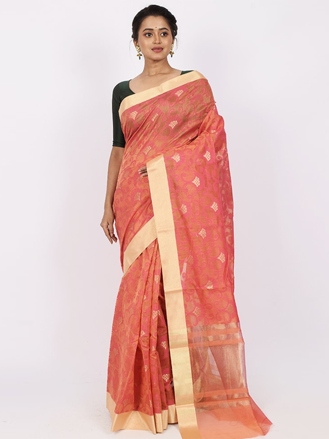 

AllSilks Pink & Beige Woven Design Silk Cotton Saree