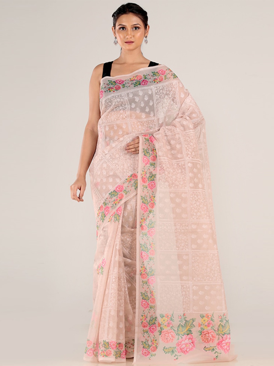 

AllSilks Pink & Green Floral Organza Saree