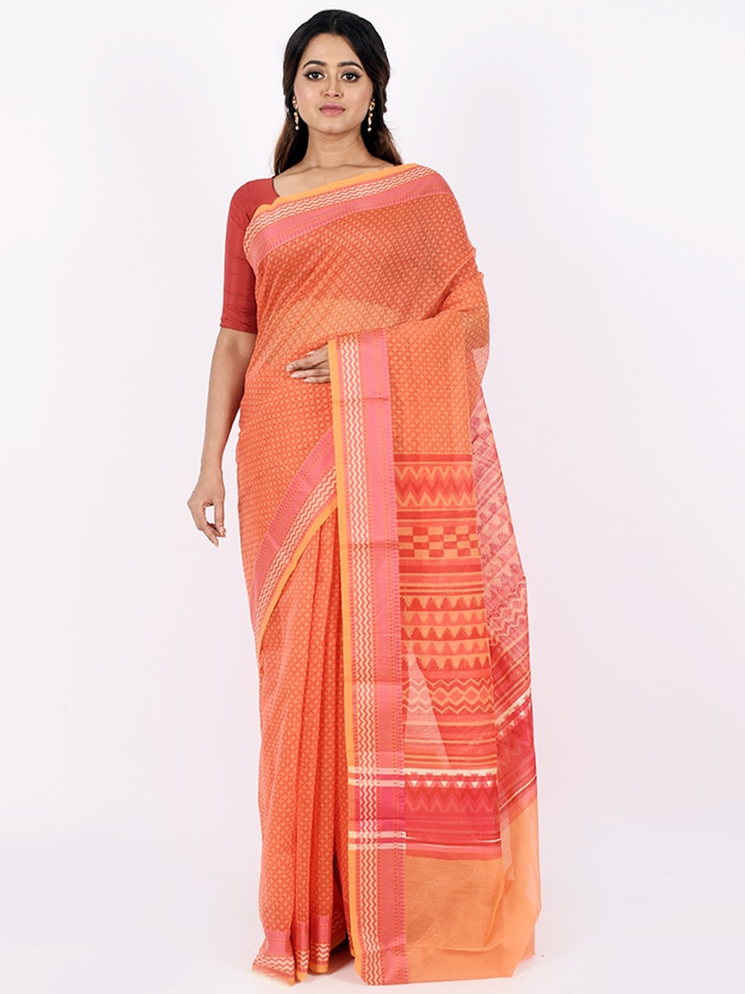 

AllSilks Orange & Cream-Coloured Woven Design Pure Cotton Saree