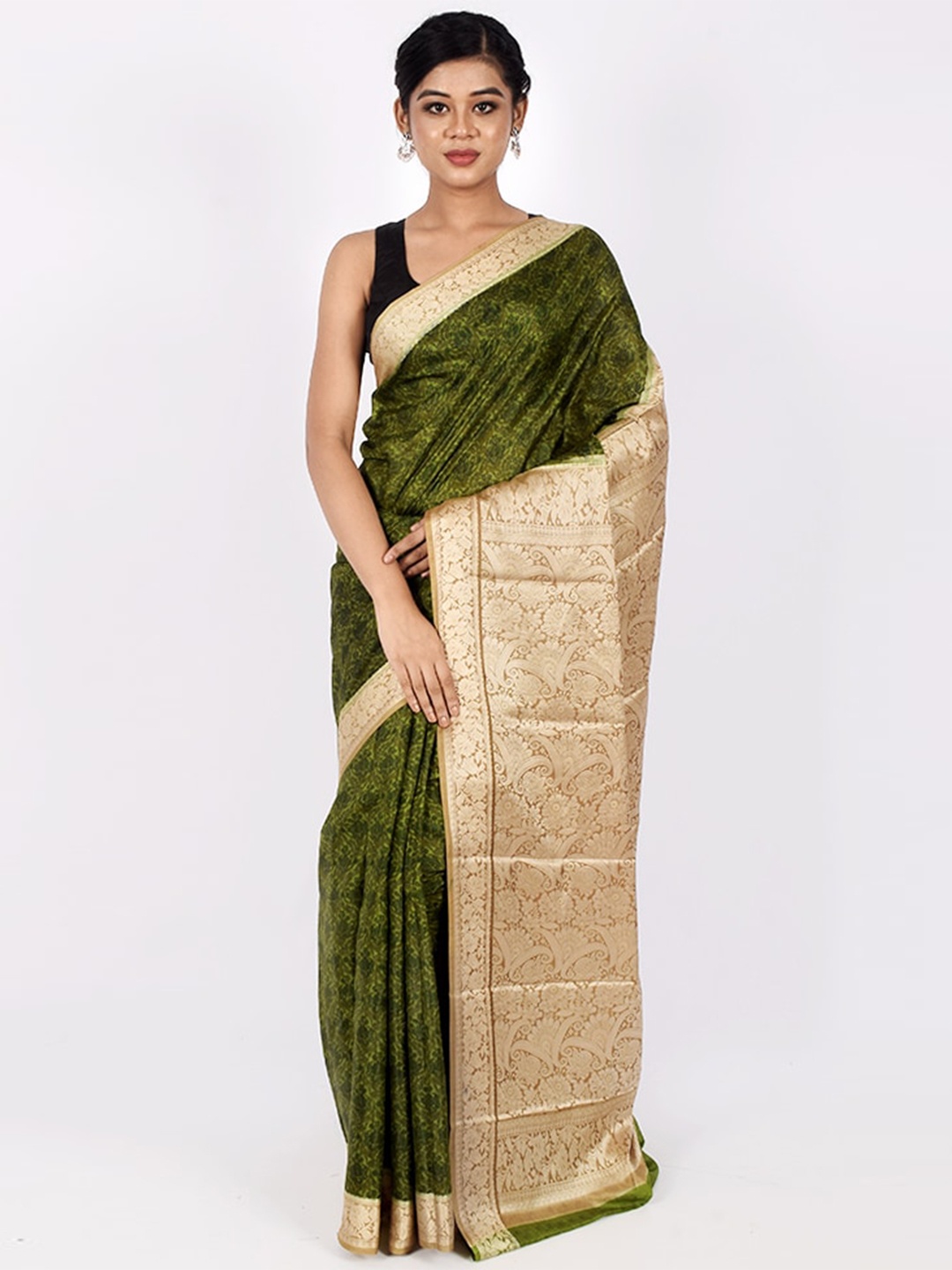 

AllSilks Green & Cream-Coloured Floral Zari Pure Silk Saree