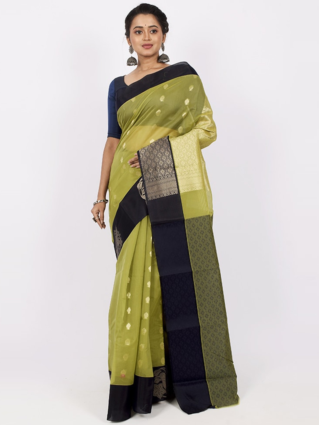 

AllSilks Lime Green & Black Woven Design Zari Pure Cotton Saree