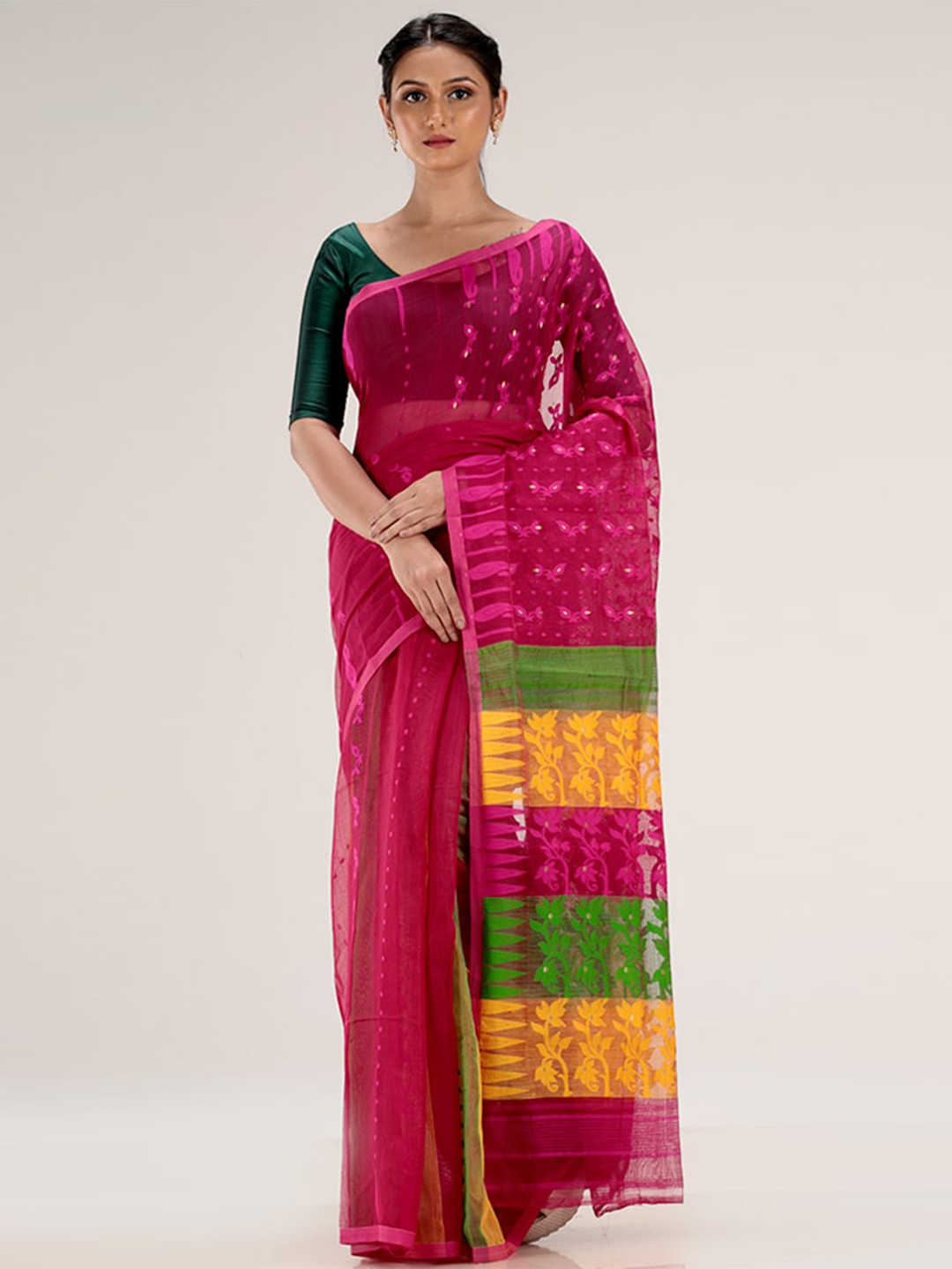 

AllSilks Pink & Yellow Woven Design Pure Cotton Taant Saree