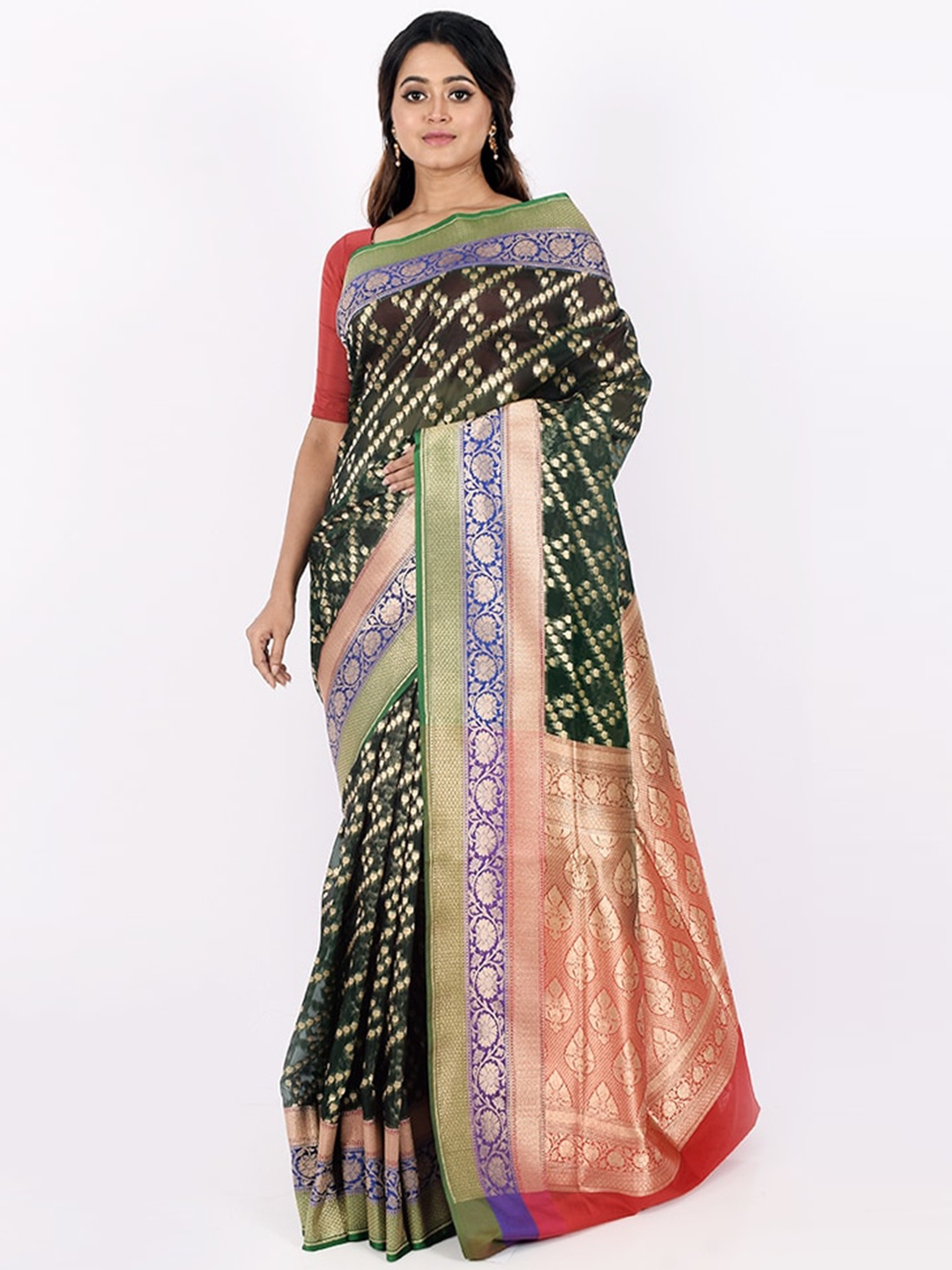 

AllSilks Green & Blue Woven Design Zari Silk Cotton Saree