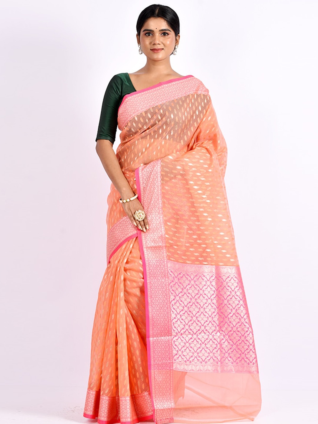 

AllSilks Peach-Coloured & Pink Woven Design Zari Silk Cotton Saree