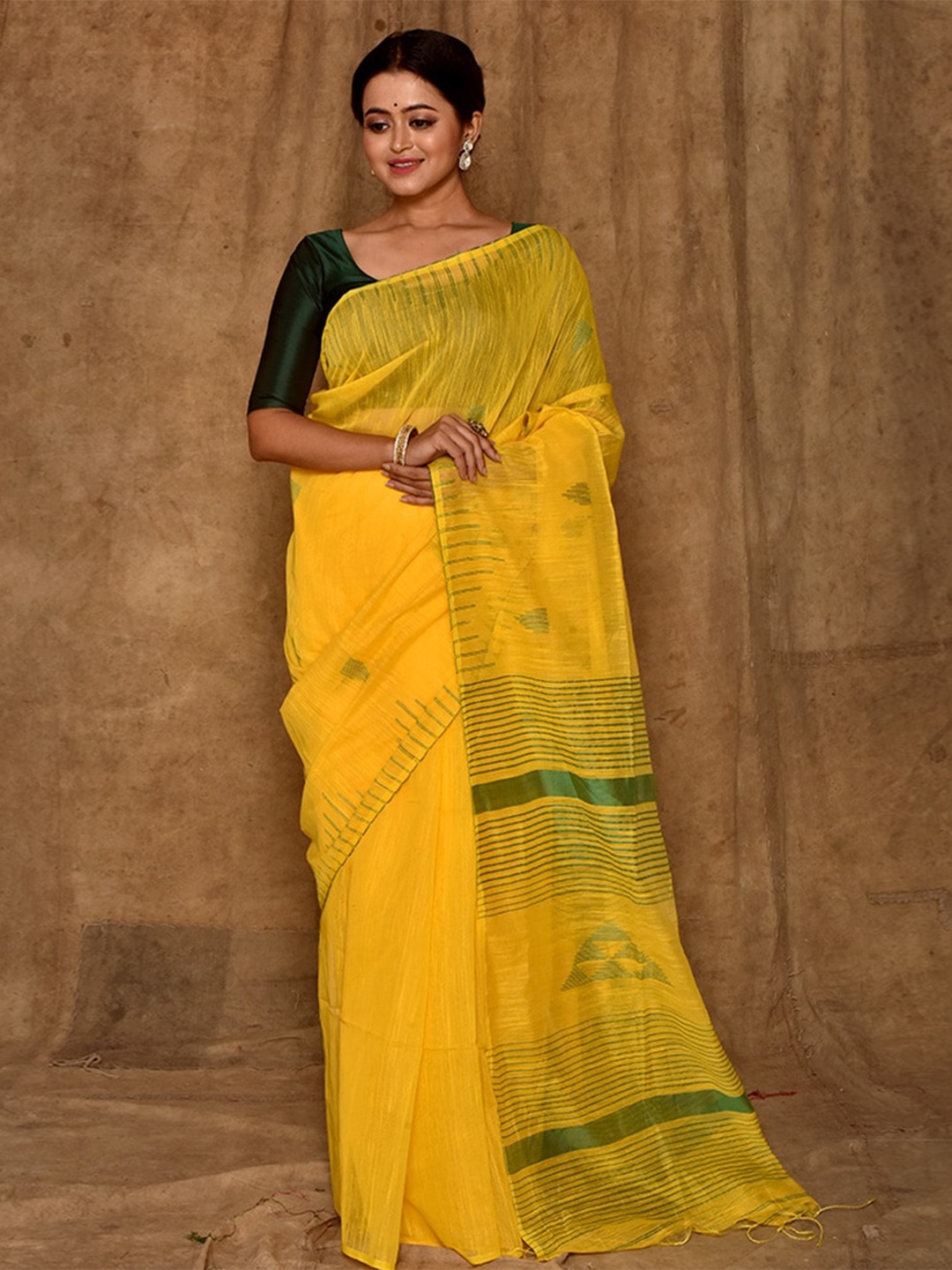 

AllSilks Yellow & Green Striped Silk Blend Saree