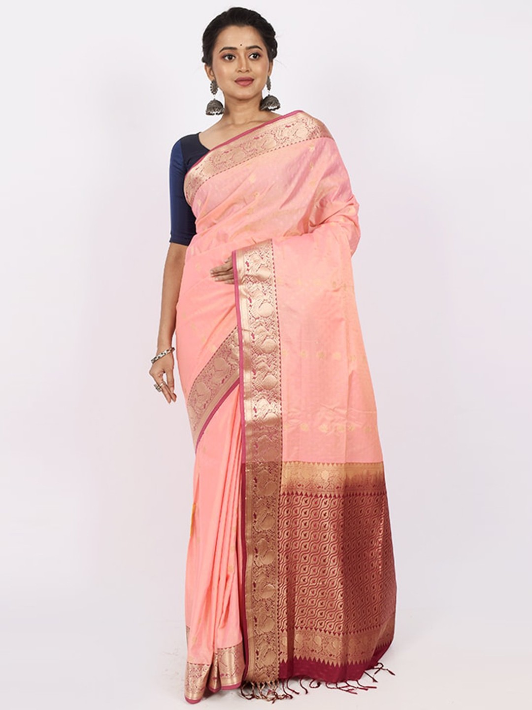 

AllSilks Pink & Red Woven Design Zari Silk Blend Kanjeevaram Saree