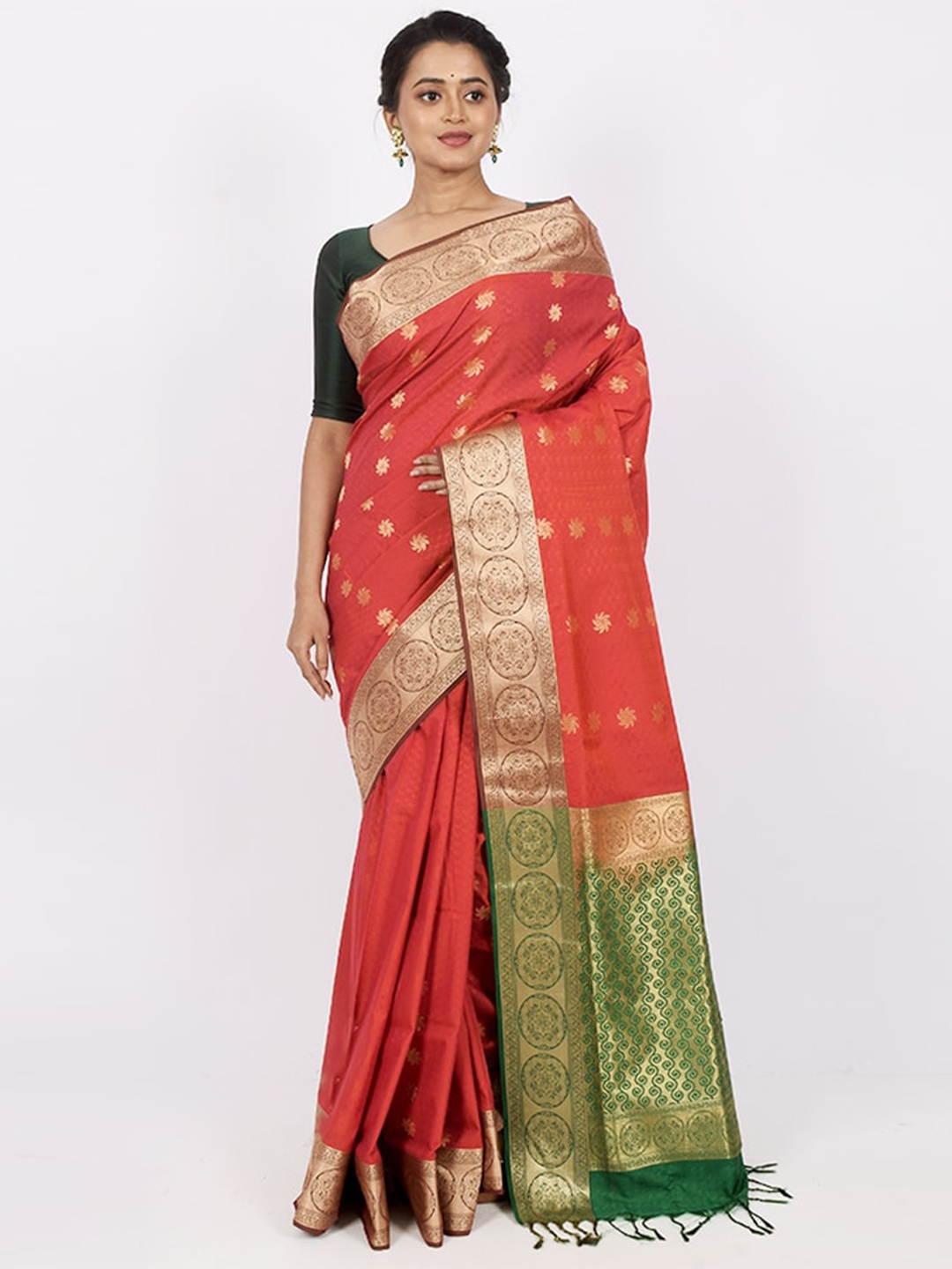 

AllSilks Red & Green Woven Design Zari Silk Blend Kanjeevaram Saree