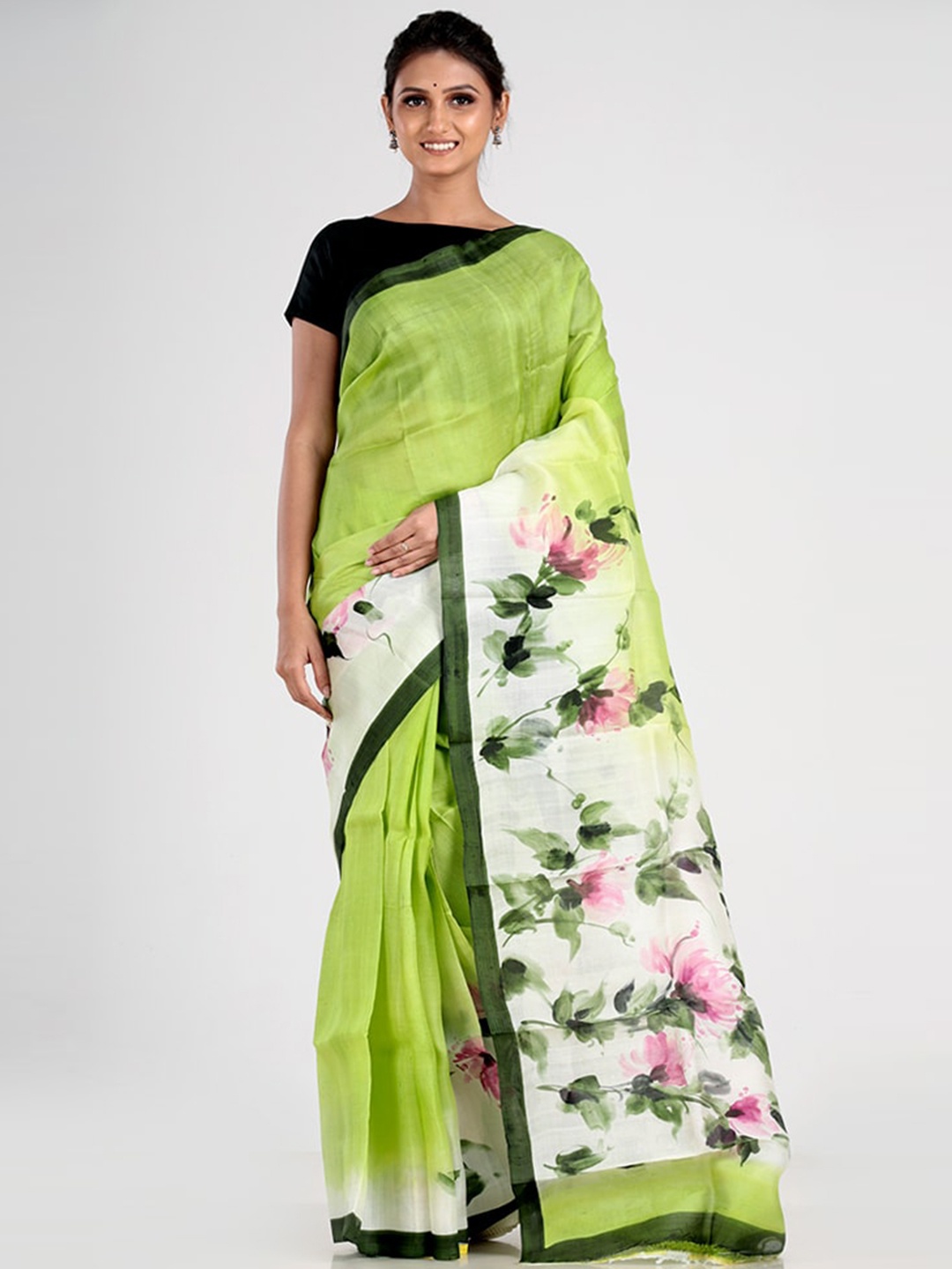 

AllSilks Green & Pink Floral Silk Blend Tussar Saree