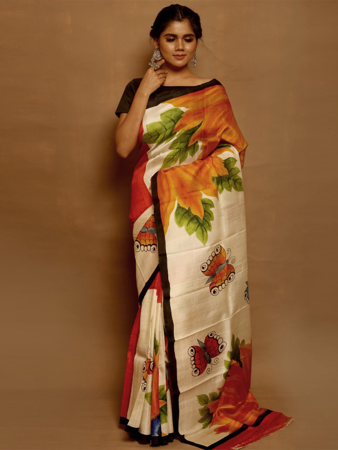 

AllSilks Cream-Coloured & Green Floral Pure Silk Saree