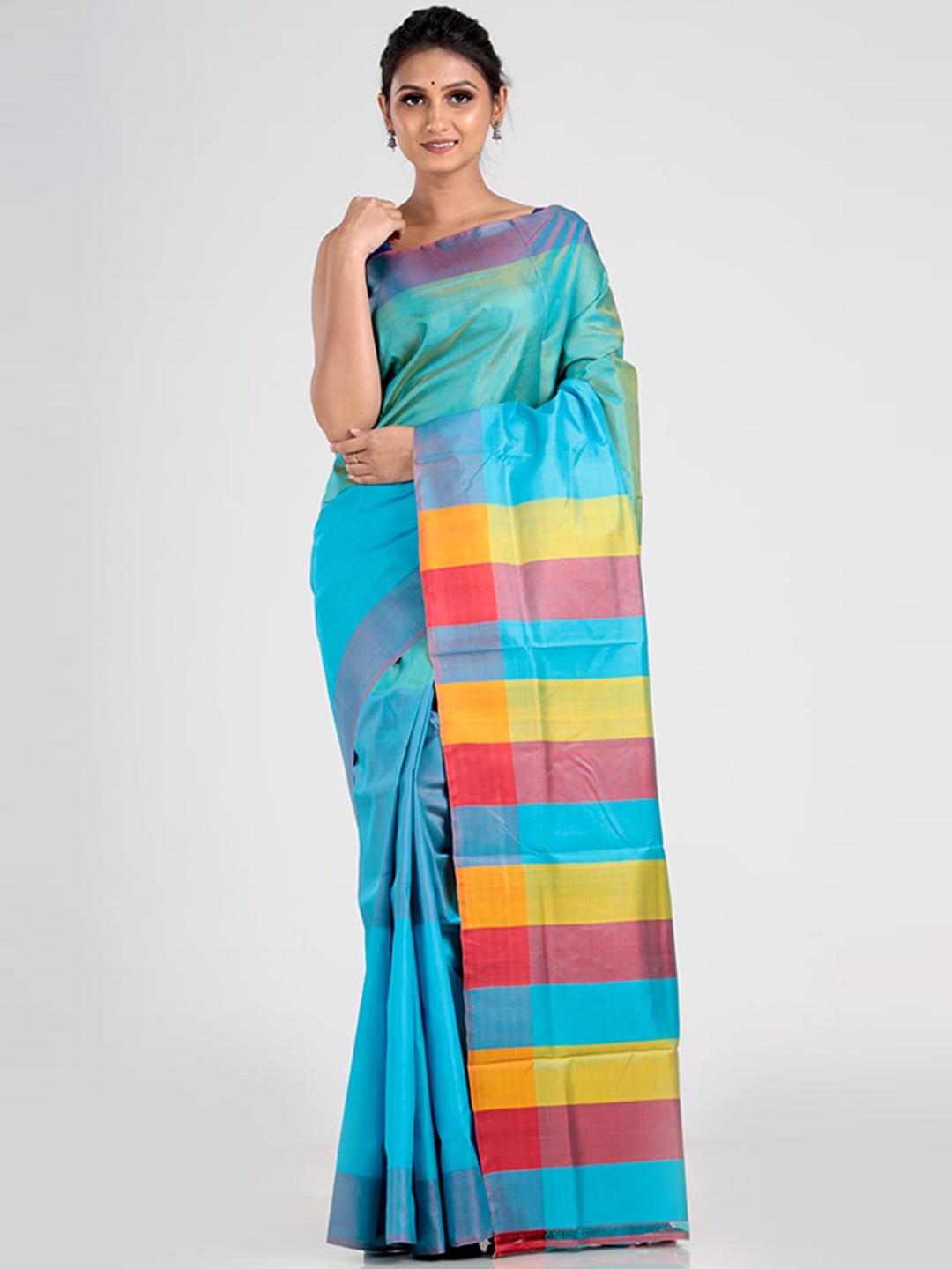 

AllSilks Turquoise Blue & Yellow Pure Silk Saree