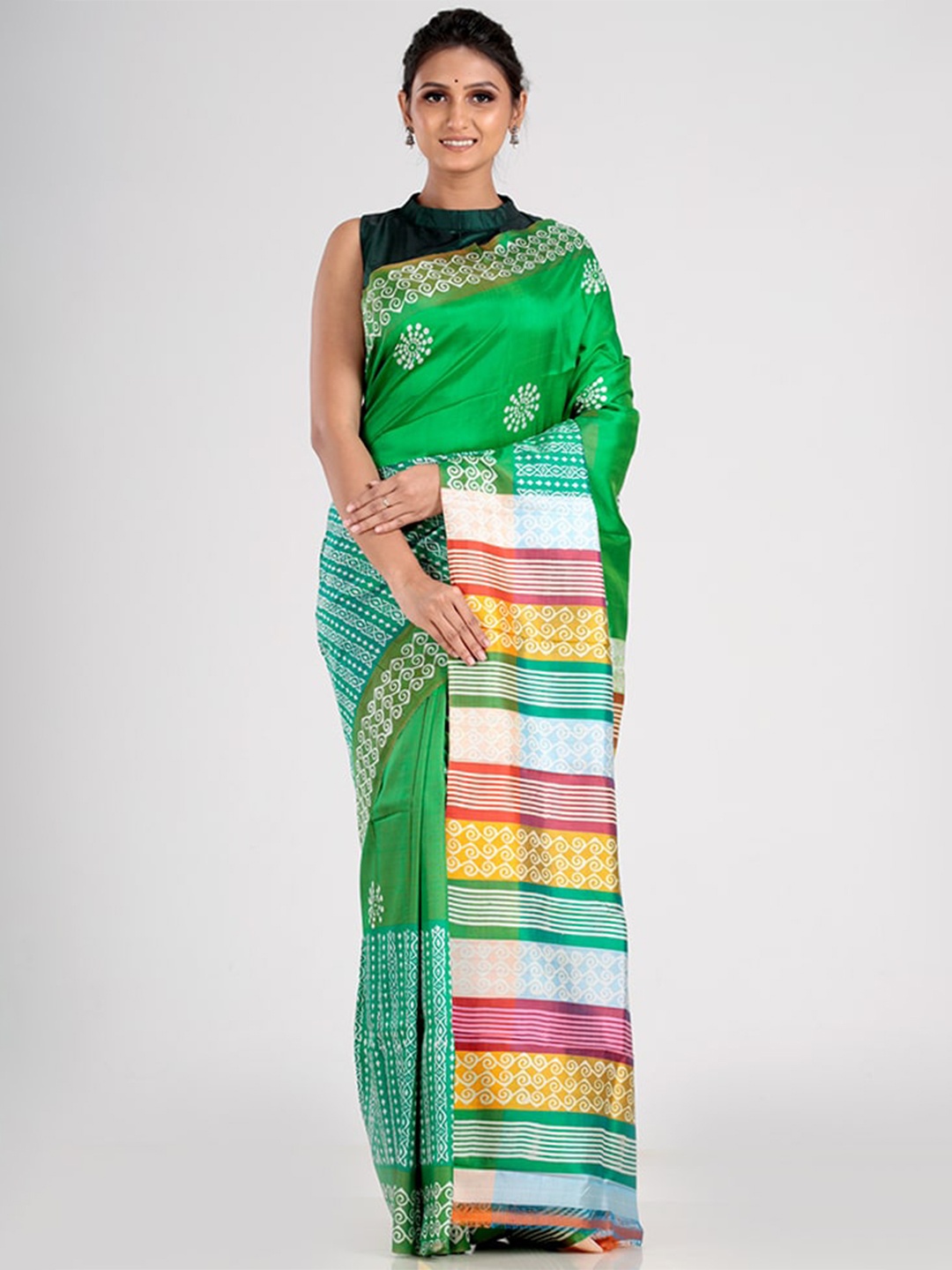 

AllSilks Green & White Floral Pure Silk Saree