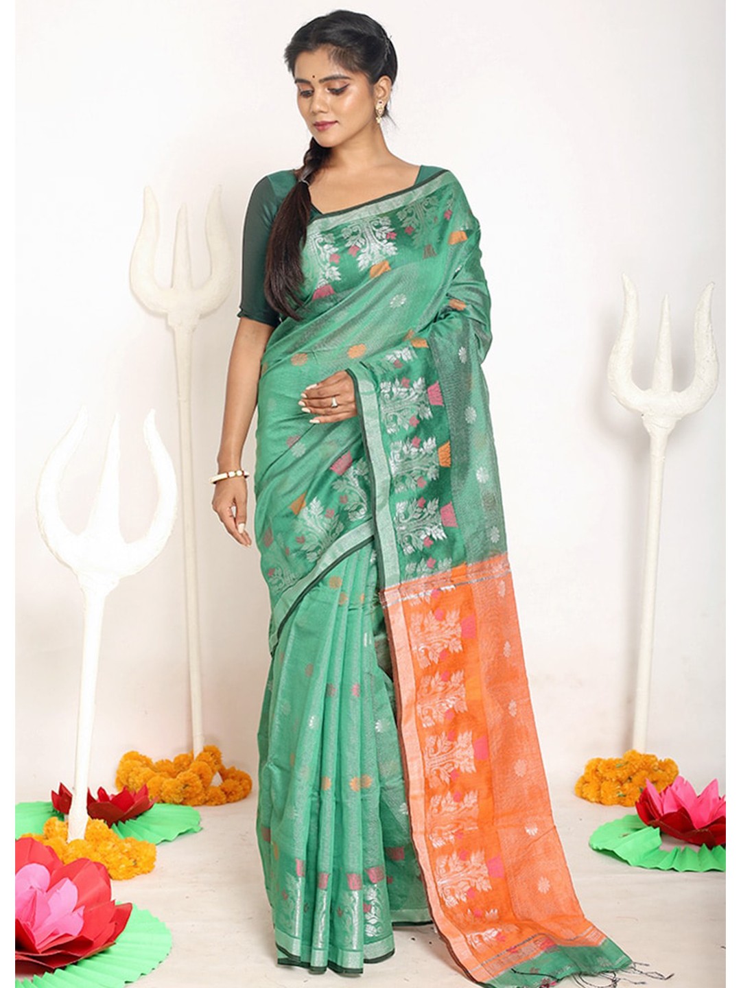 

AllSilks Green & Orange Woven Design Silk Blend Saree
