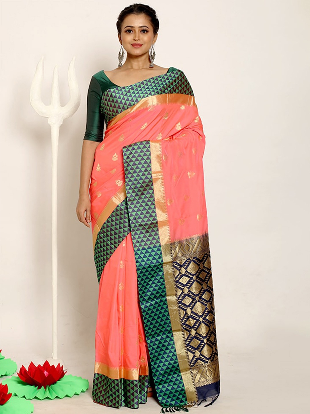 

AllSilks Pink & Navy Blue Woven Design Zari Silk Blend Kanjeevaram Saree