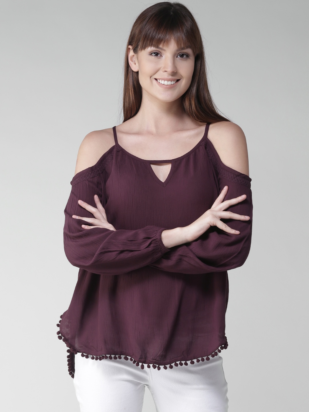 

Aeropostale Women Burgundy Solid Cold Shoulder Top