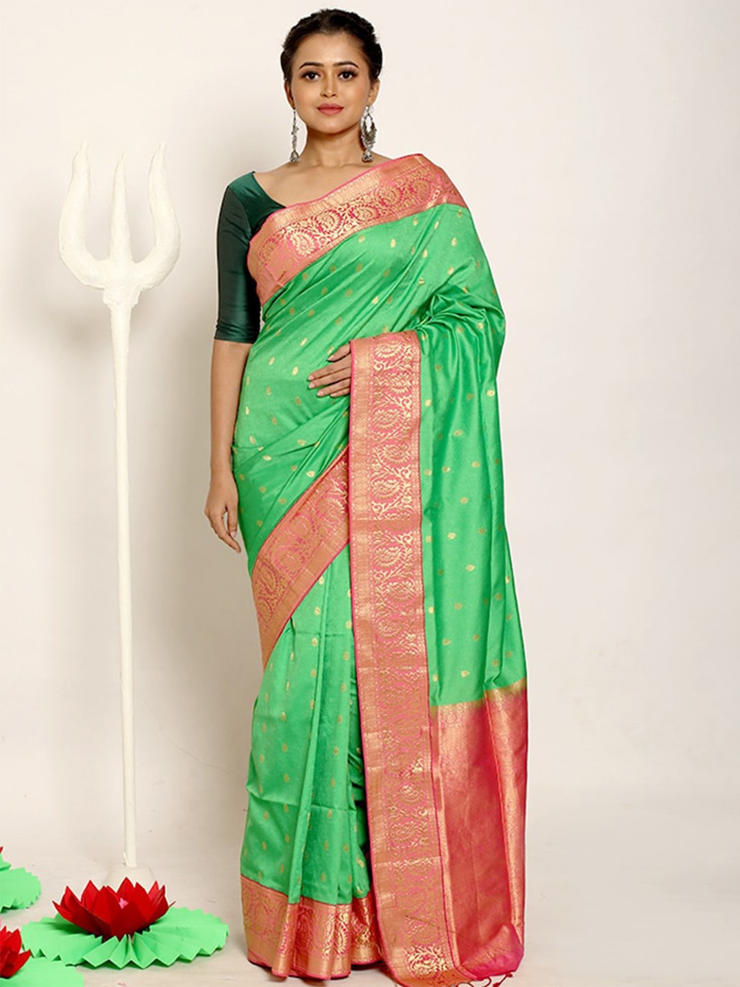 

AllSilks Green & Red Woven Design Zari Pure Silk Kanjeevaram Saree