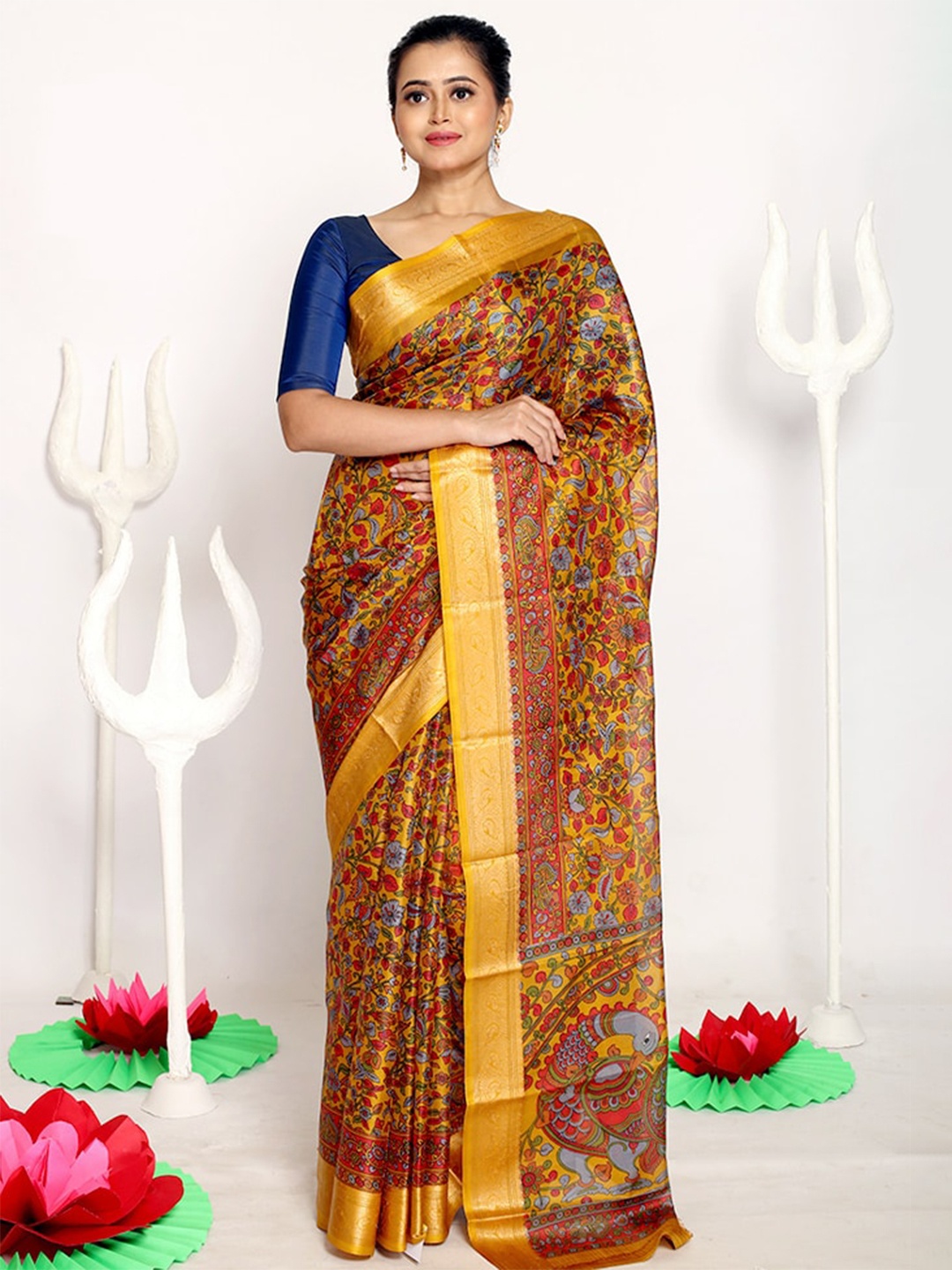 

AllSilks Yellow & Red Floral Zari Pure Silk Saree