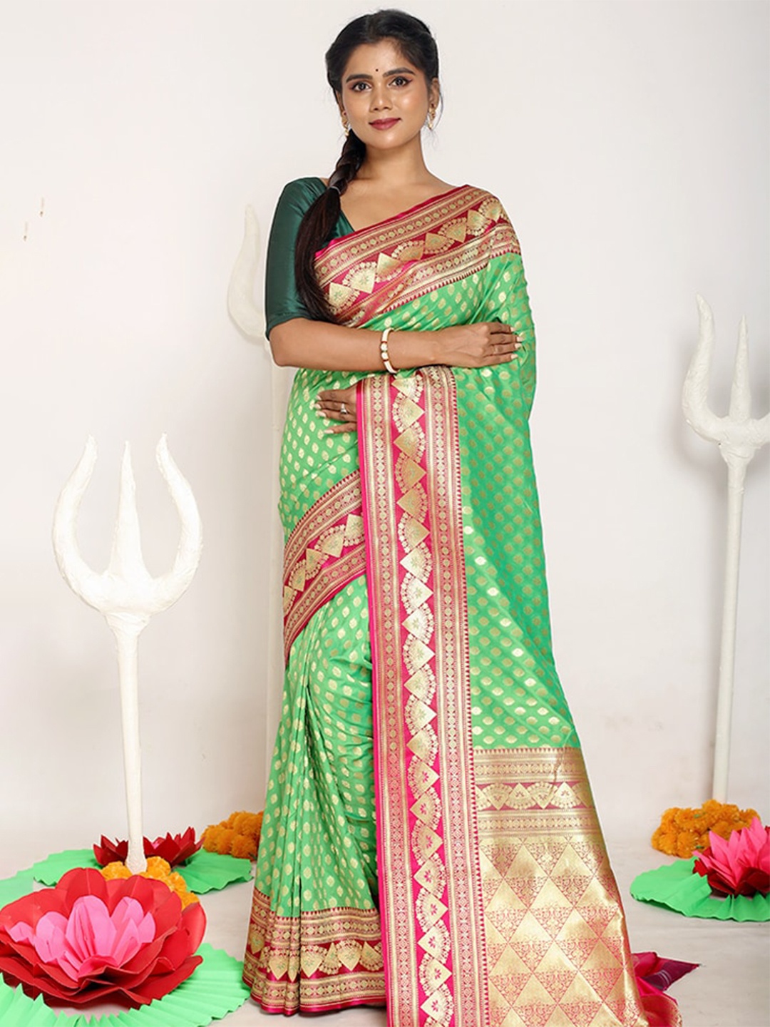 

AllSilks Green & Pink Woven Design Zari Silk Blend Uppada Saree