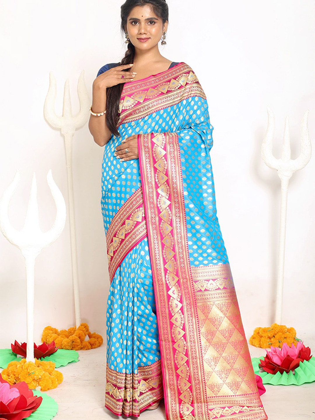 

AllSilks Blue & Pink Woven Design Zari Silk Blend Uppada Saree