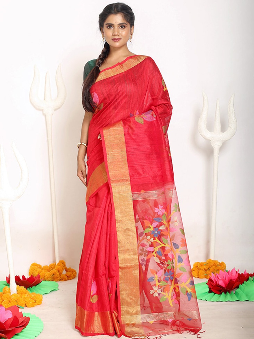 

AllSilks Red & Blue Woven Design Pure Silk Saree