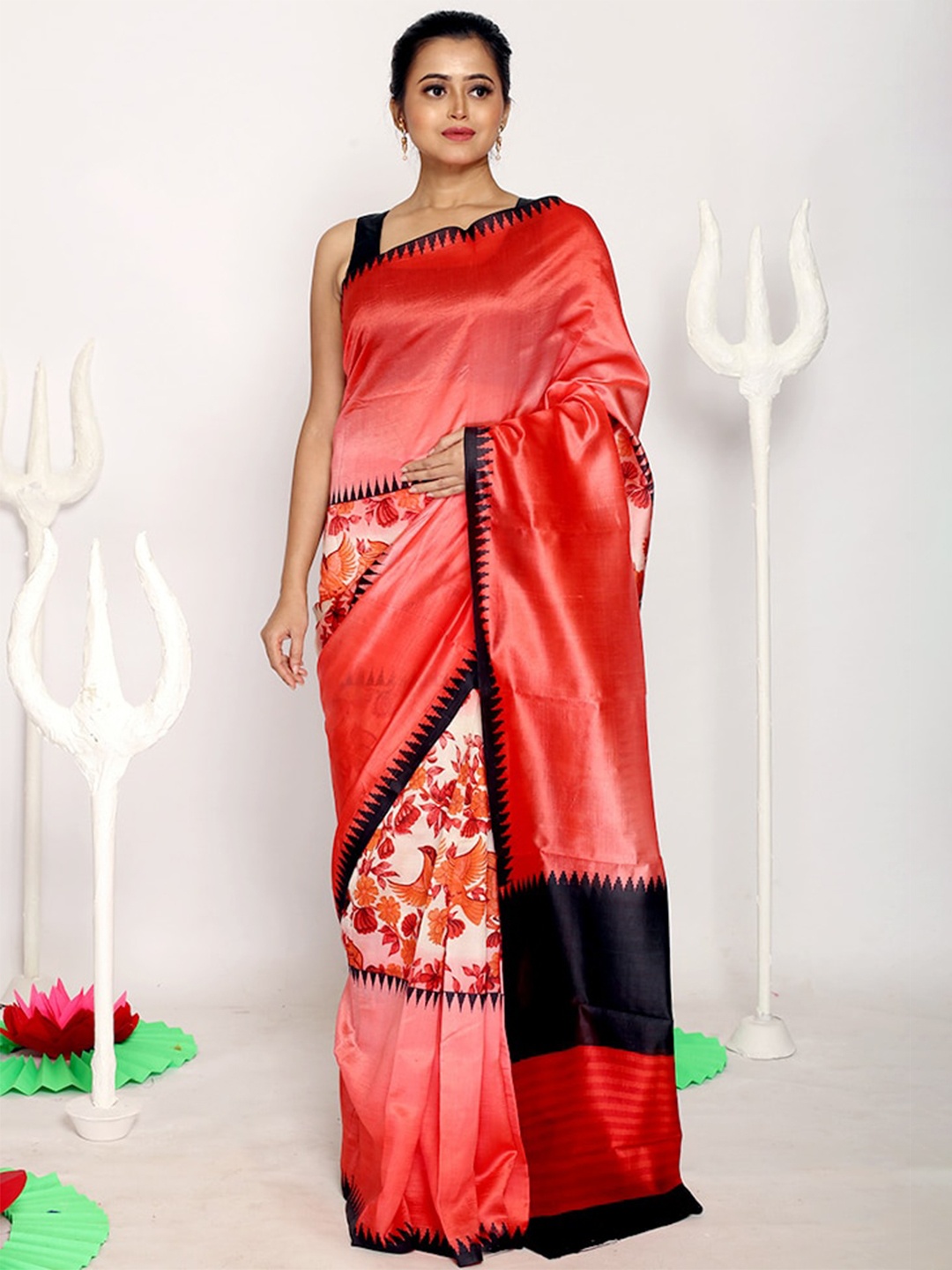 

AllSilks Pink & Black Floral Pure Silk Saree