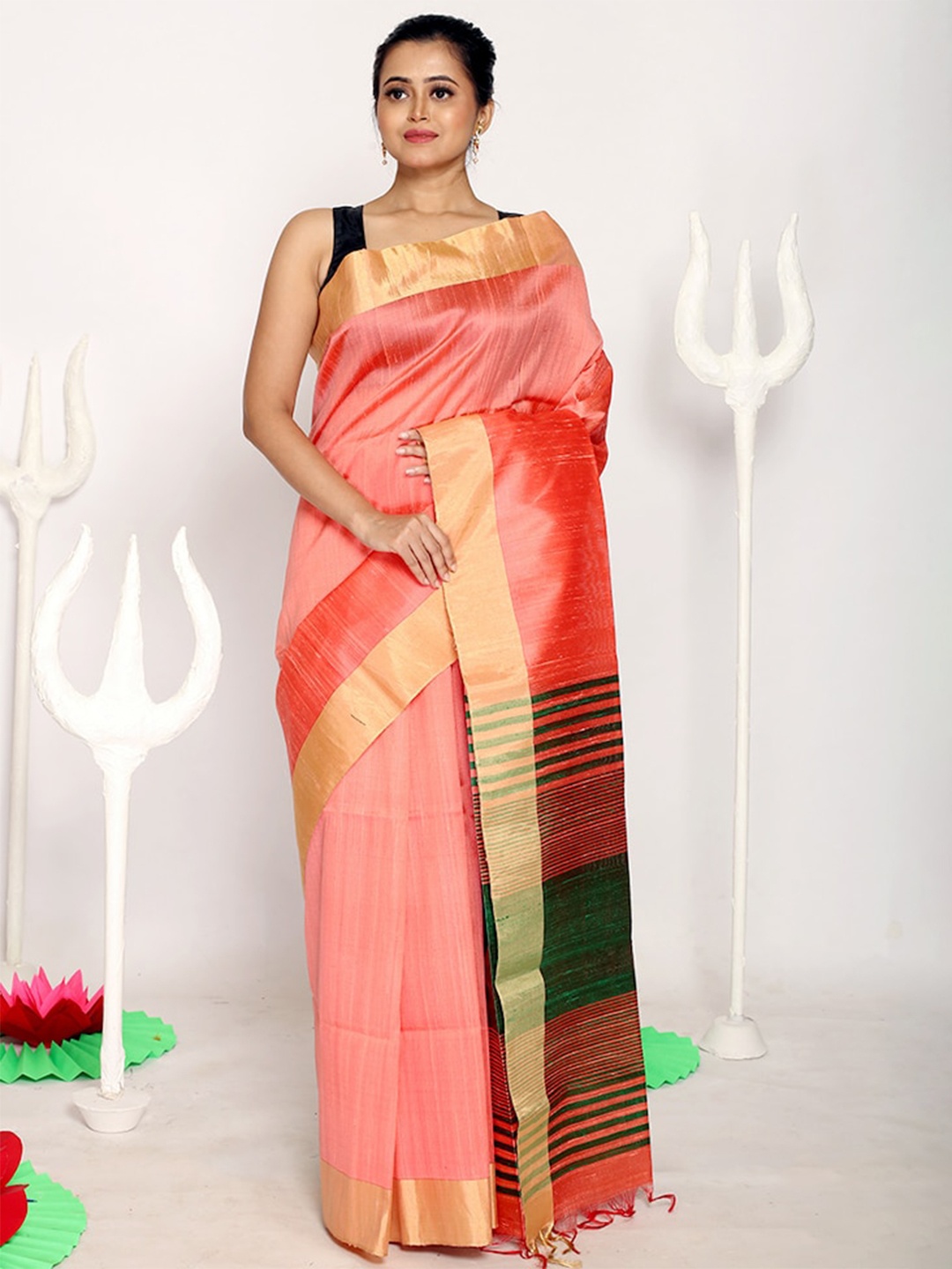 

AllSilks Pink & Green Woven Design Zari Silk Blend Saree