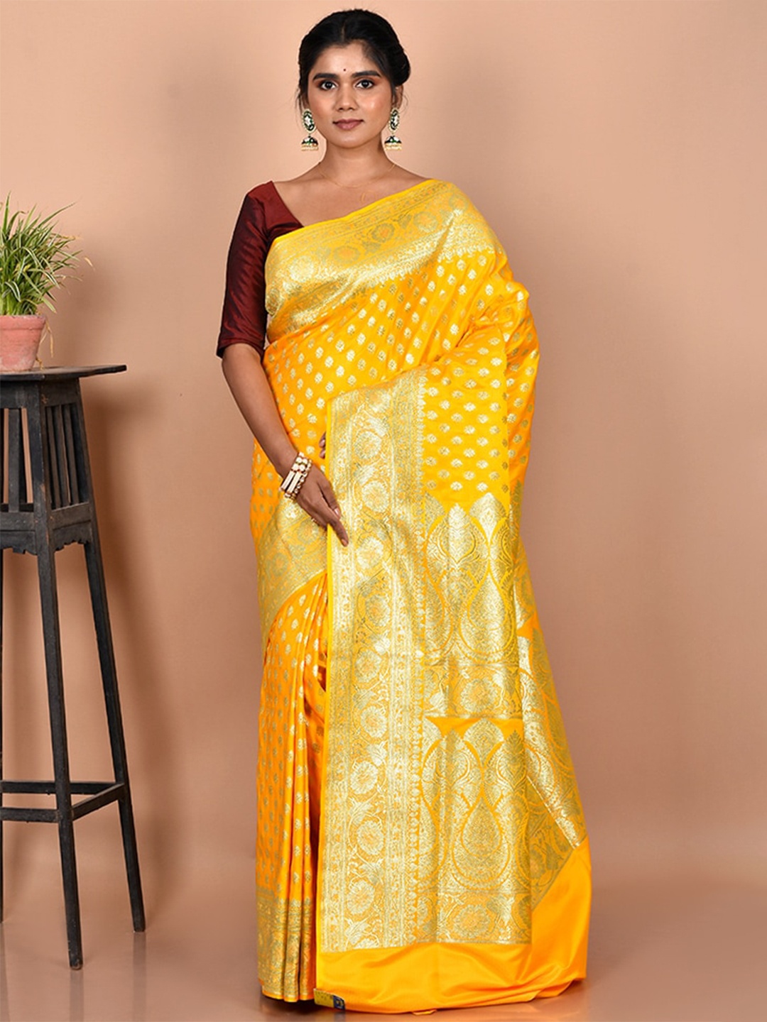 

AllSilks Yellow & Gold-Toned Woven Design Zari Silk Blend Banarasi Saree
