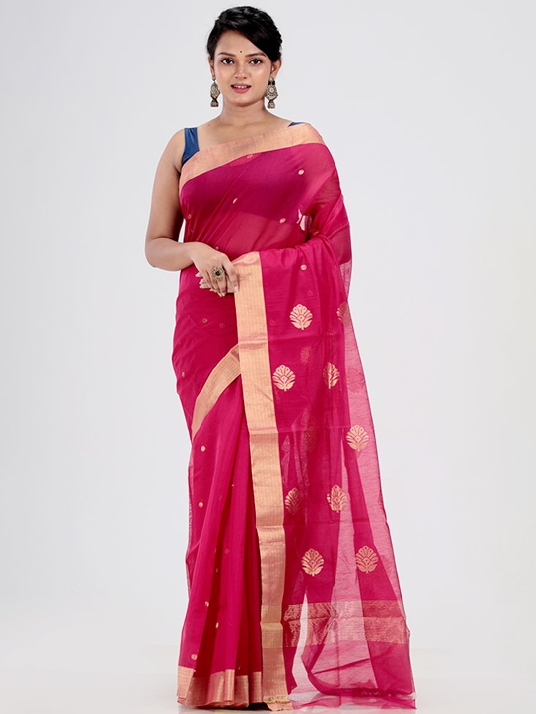 

AllSilks Pink & Gold-Toned Woven Design Zari Silk Blend Chanderi Saree