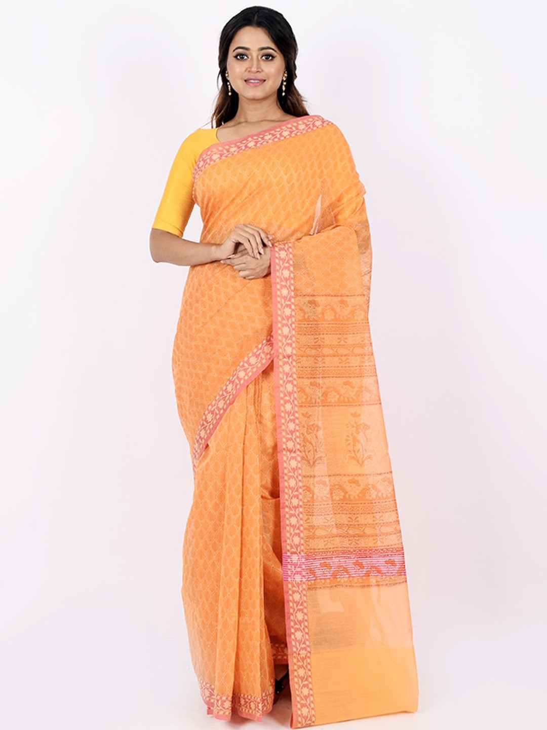 

AllSilks Yellow & Pink Floral Pure Cotton Saree