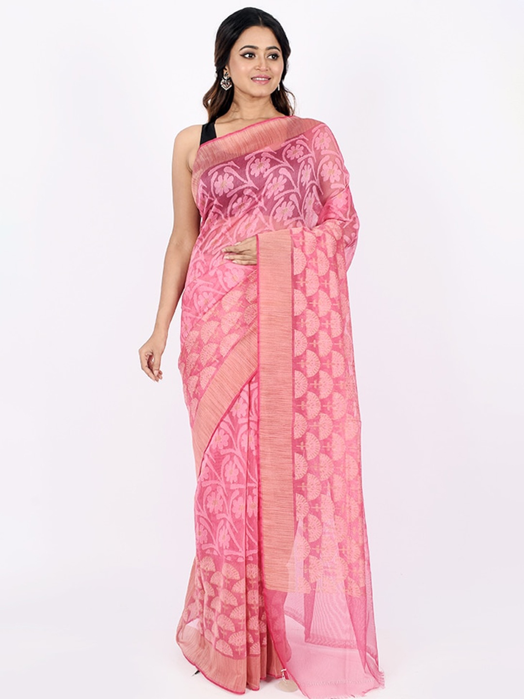 

AllSilks Pink Woven Design Zari Net Saree