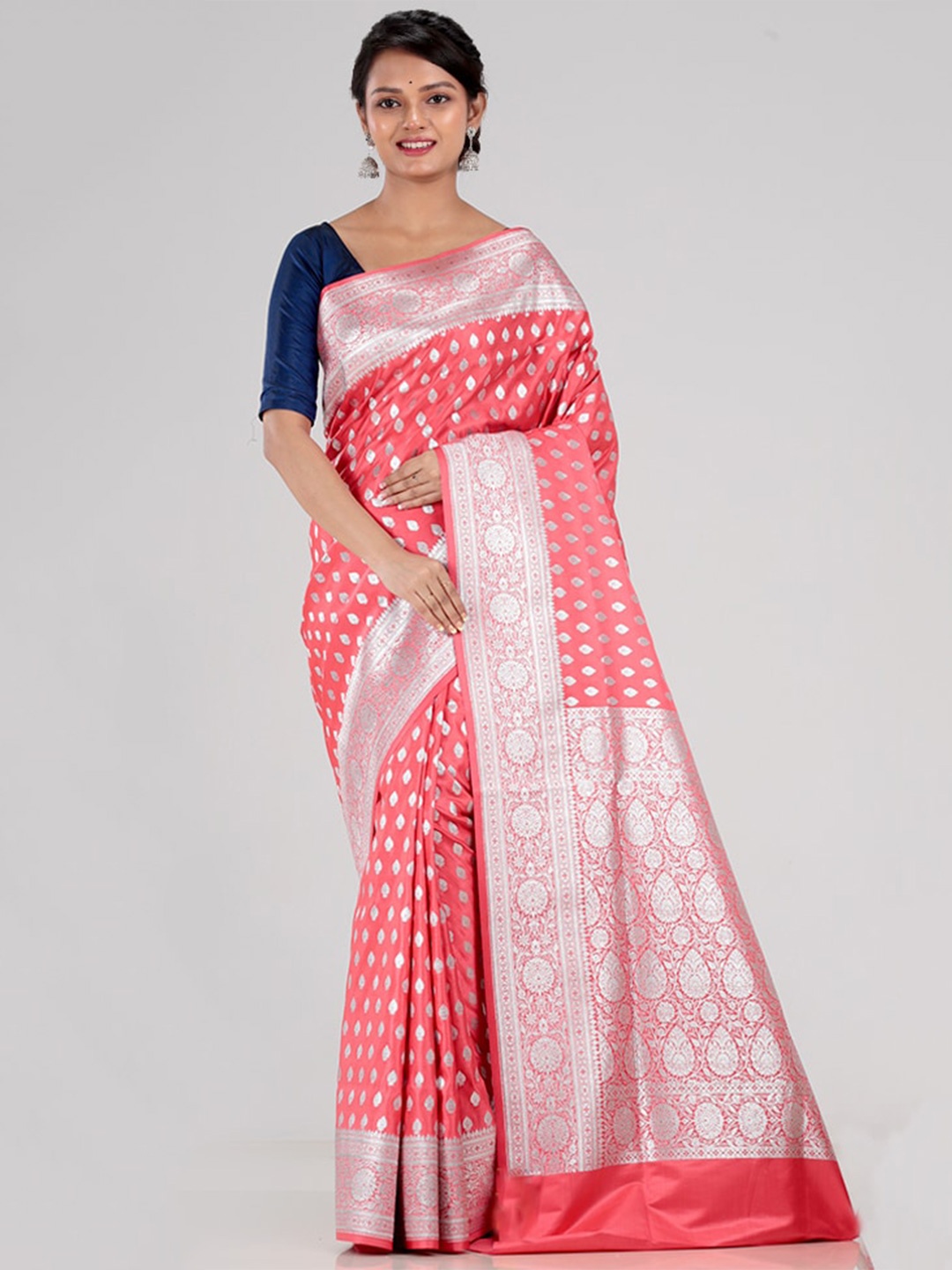

AllSilks Pink & Silver-Toned Woven Design Zari Silk Blend Banarasi Saree
