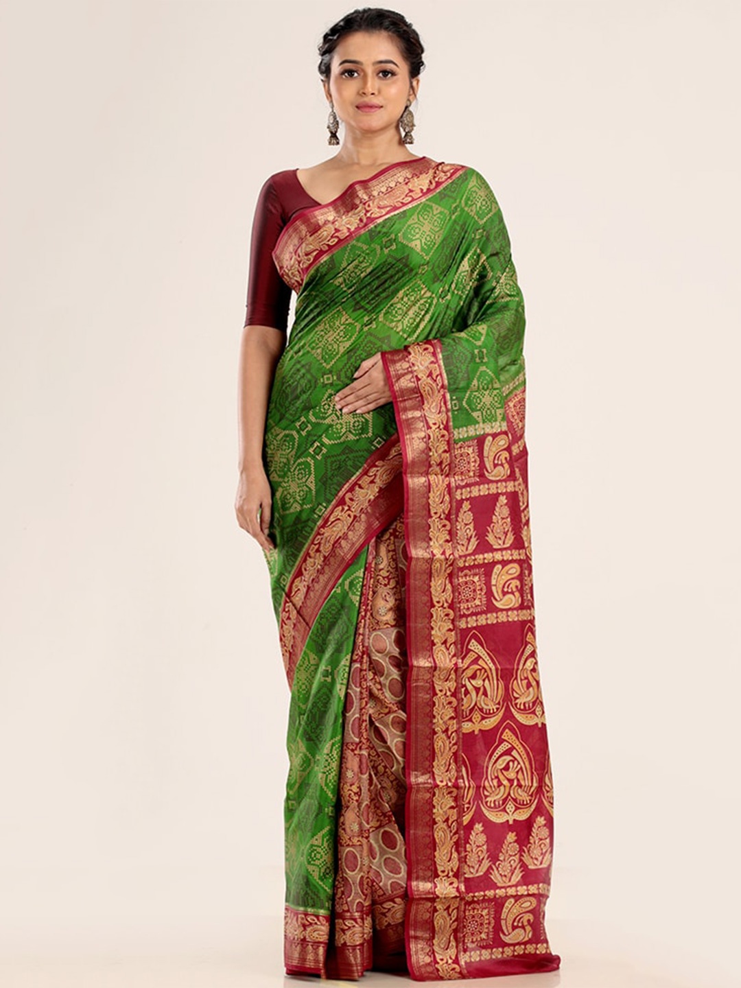 

AllSilks Green & Pink Zari Pure Silk Saree