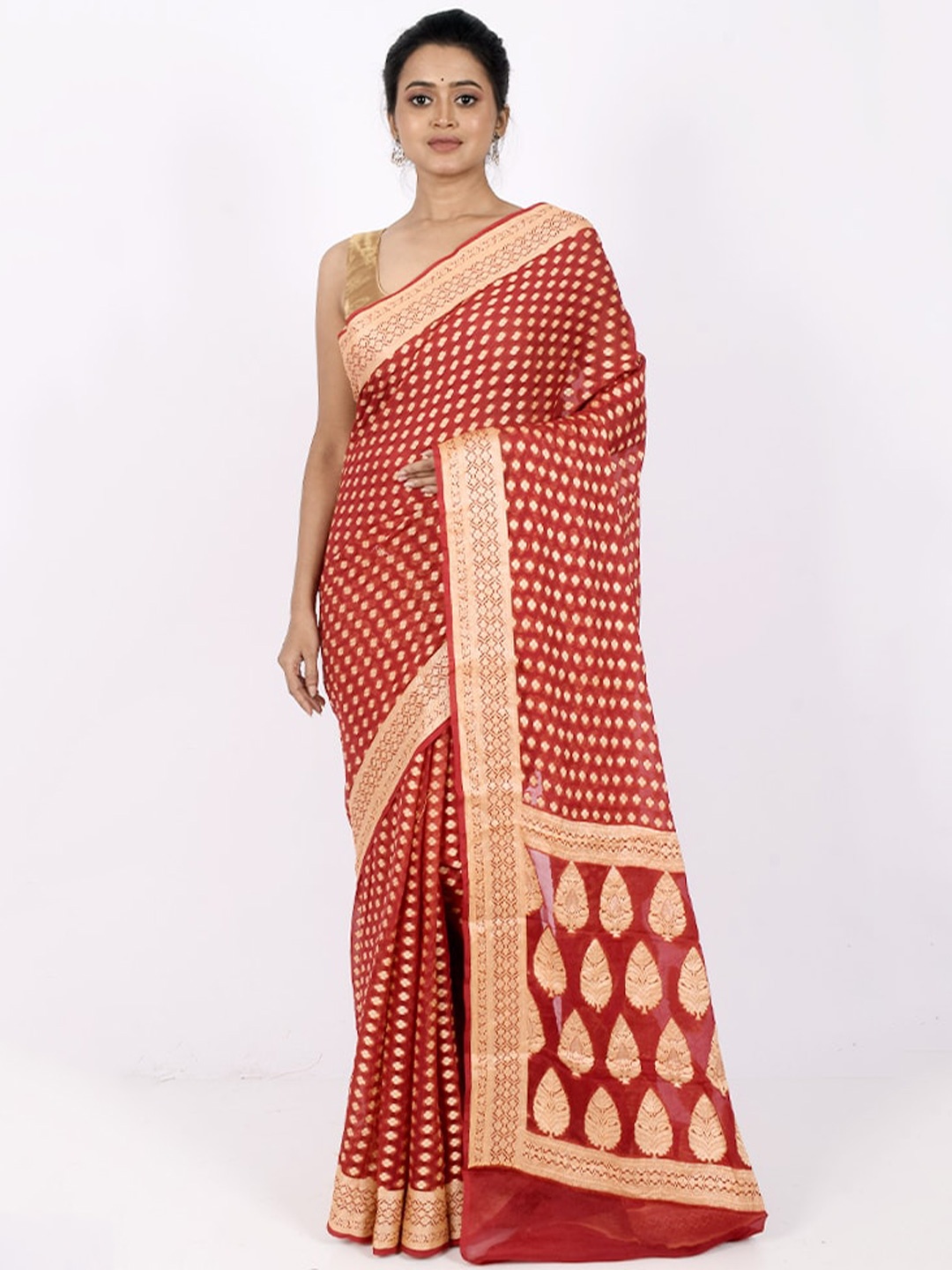 

AllSilks Red & Gold-Toned Woven Design Zari Pure Georgette Saree