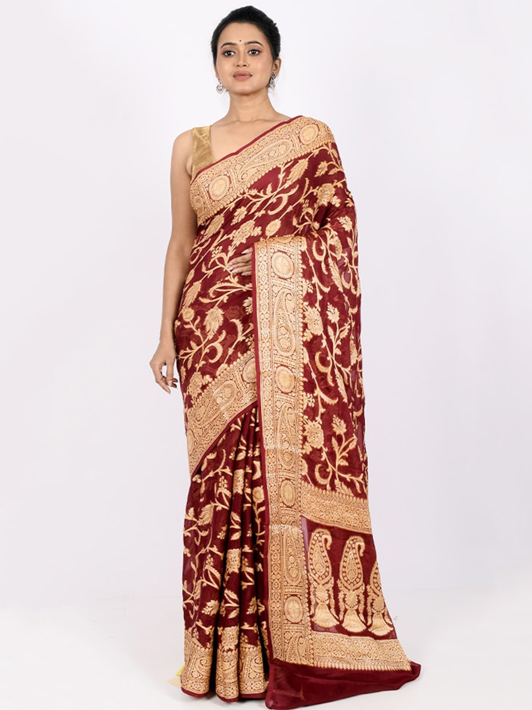 

AllSilks Maroon & Gold-Toned Woven Design Zari Pure Georgette Saree