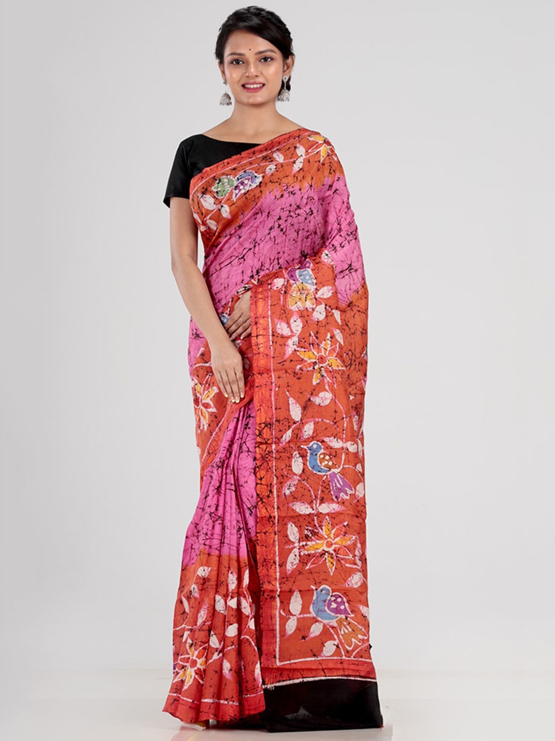 

AllSilks Pink & Orange Floral Pure Silk Saree