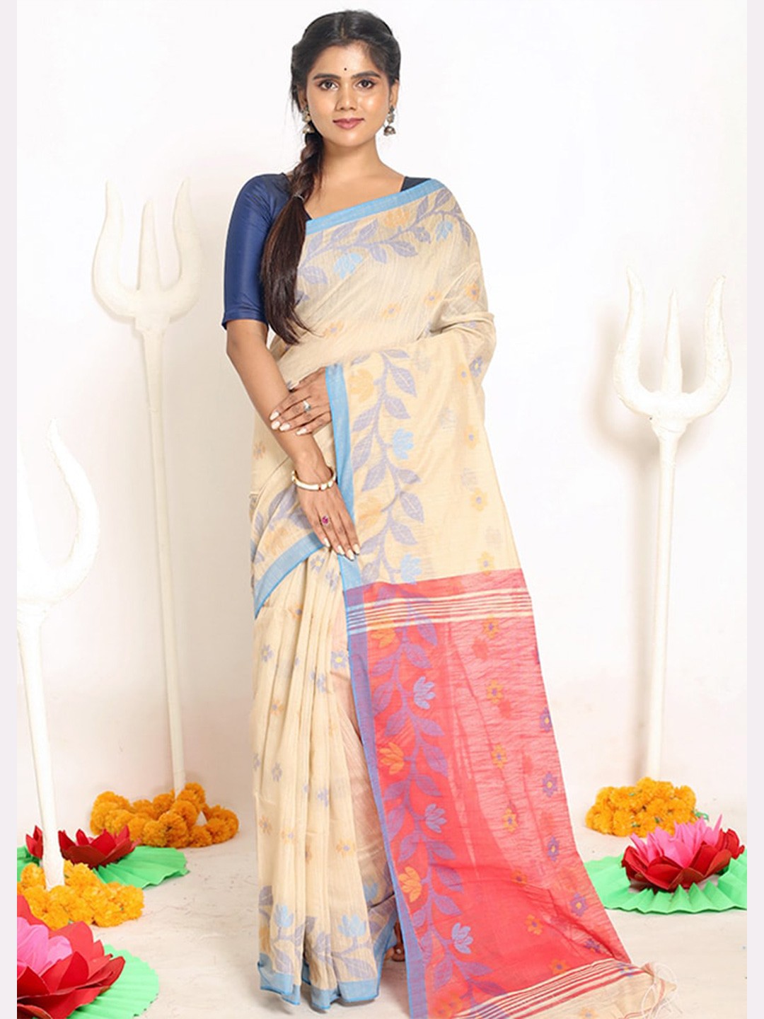 

AllSilks Off White & Red Woven Design Silk Blend Saree