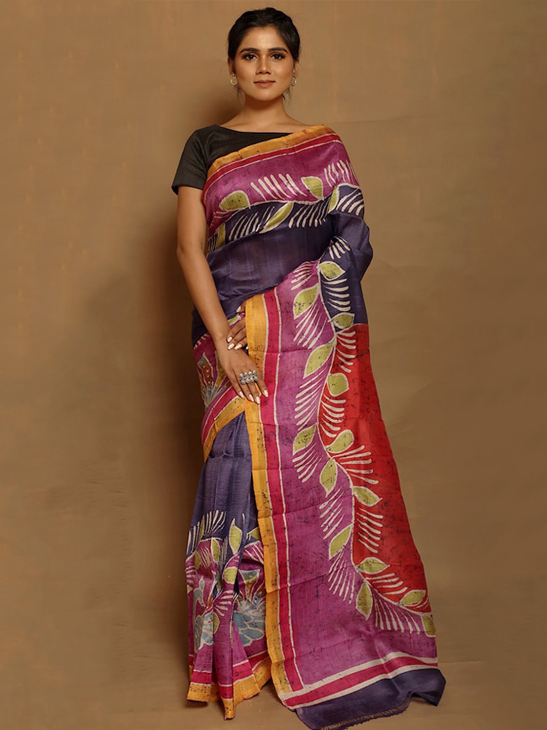 

AllSilks Navy Blue & Pink Floral Pure Silk Saree
