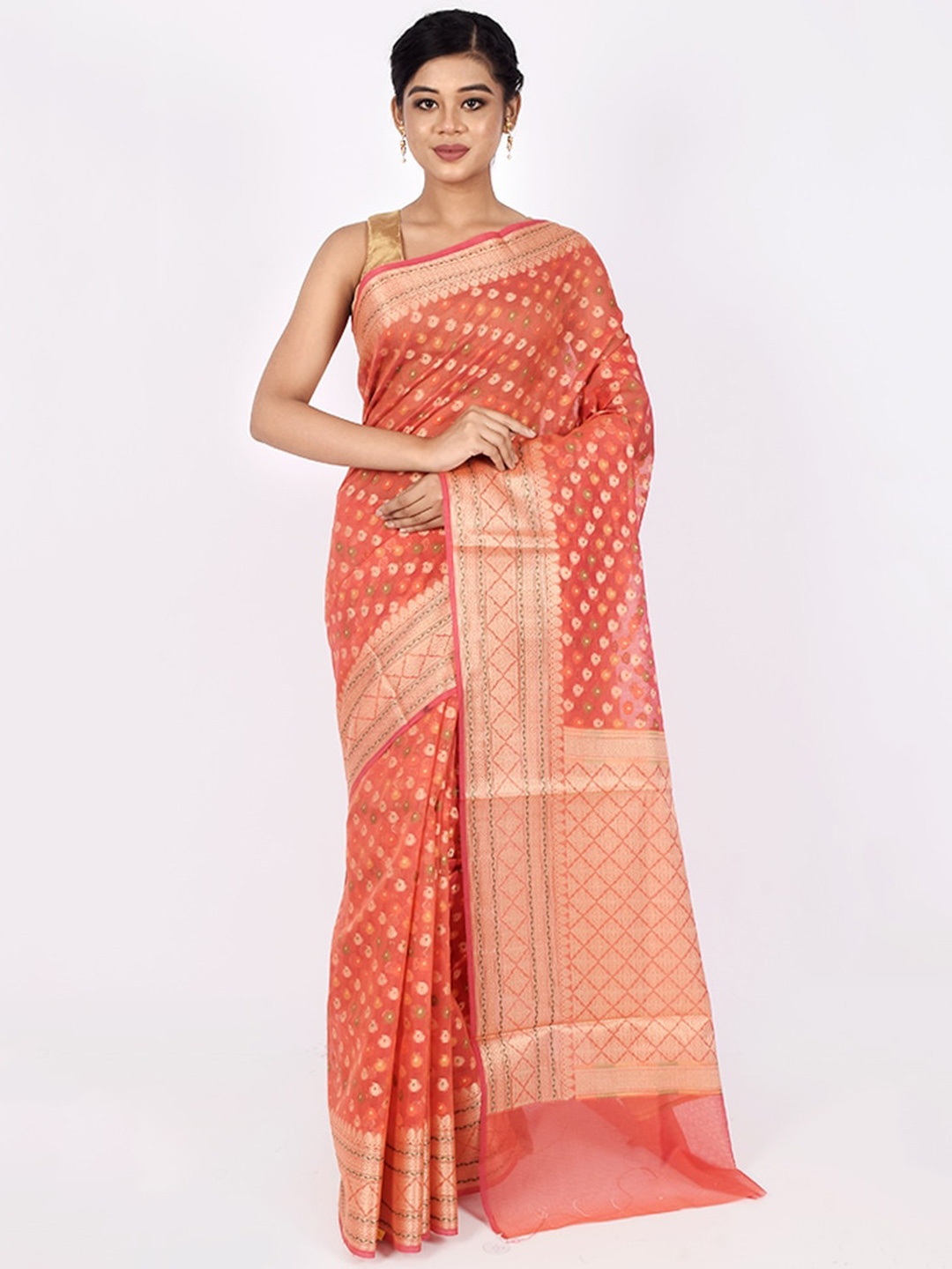 

AllSilks Peach-Coloured & Gold-Toned Woven Design Zari Silk Cotton Saree