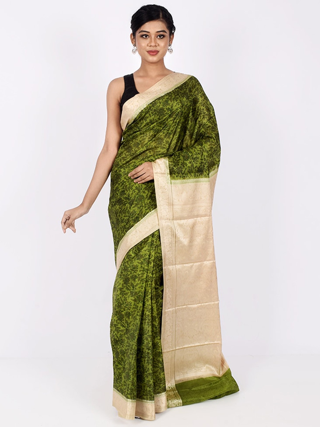 

AllSilks Green & Beige Floral Pure Silk Saree
