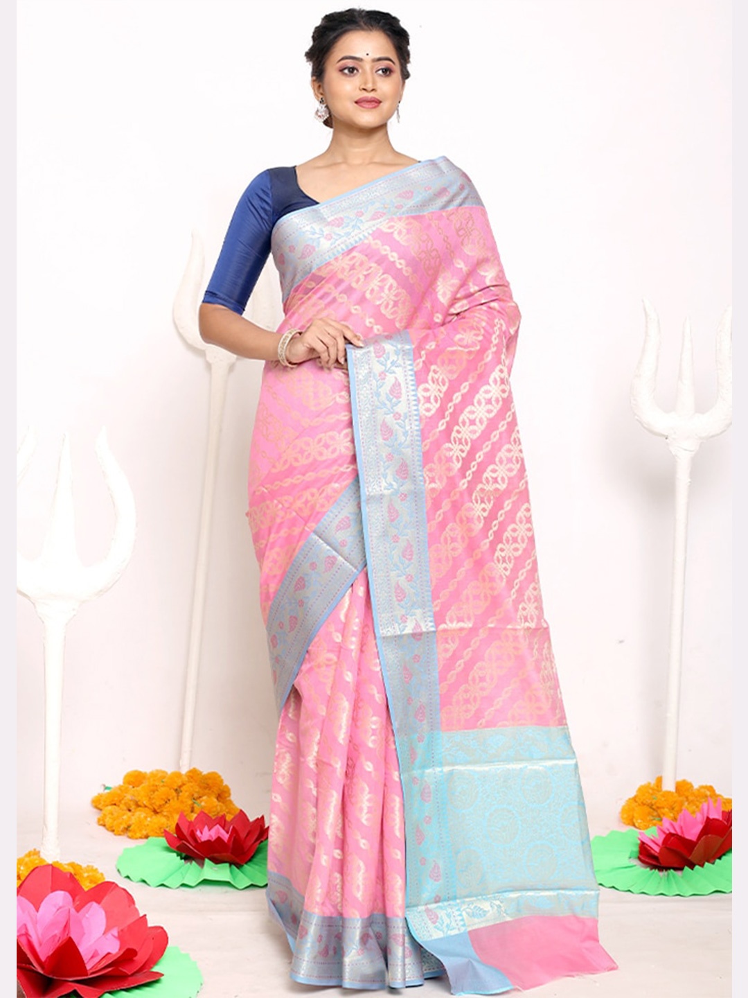 

AllSilks Pink & Blue Woven Design Zari Silk Cotton Saree