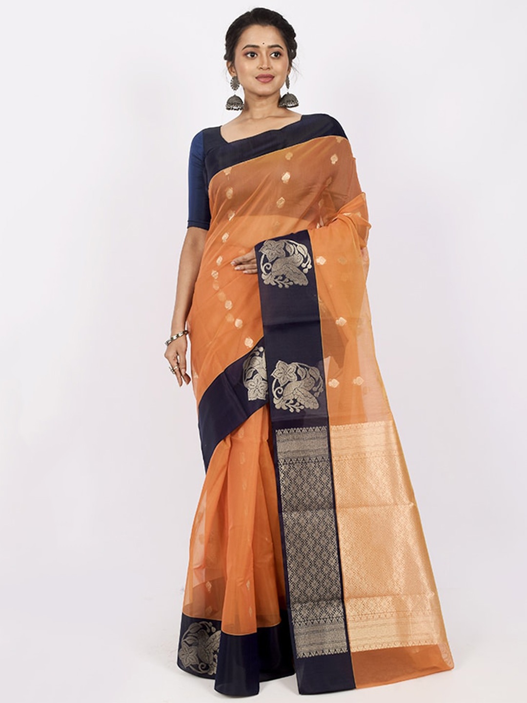 

AllSilks Orange & Black Woven Design Zari Pure Cotton Saree