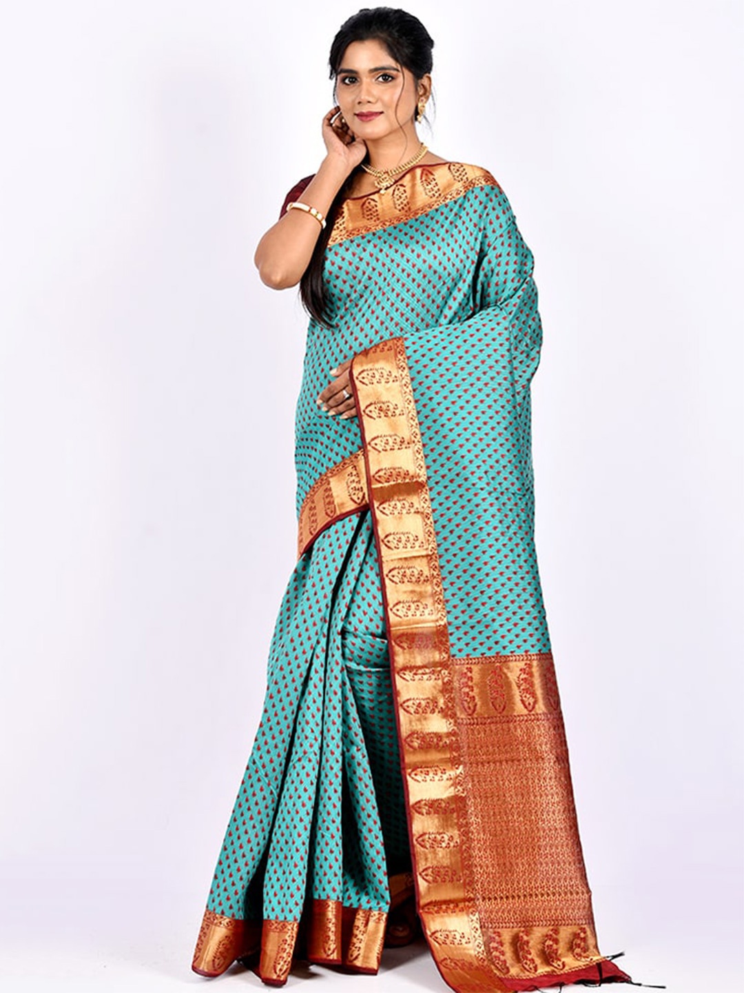 

AllSilks Blue & Red Woven Design Pure Cotton Saree