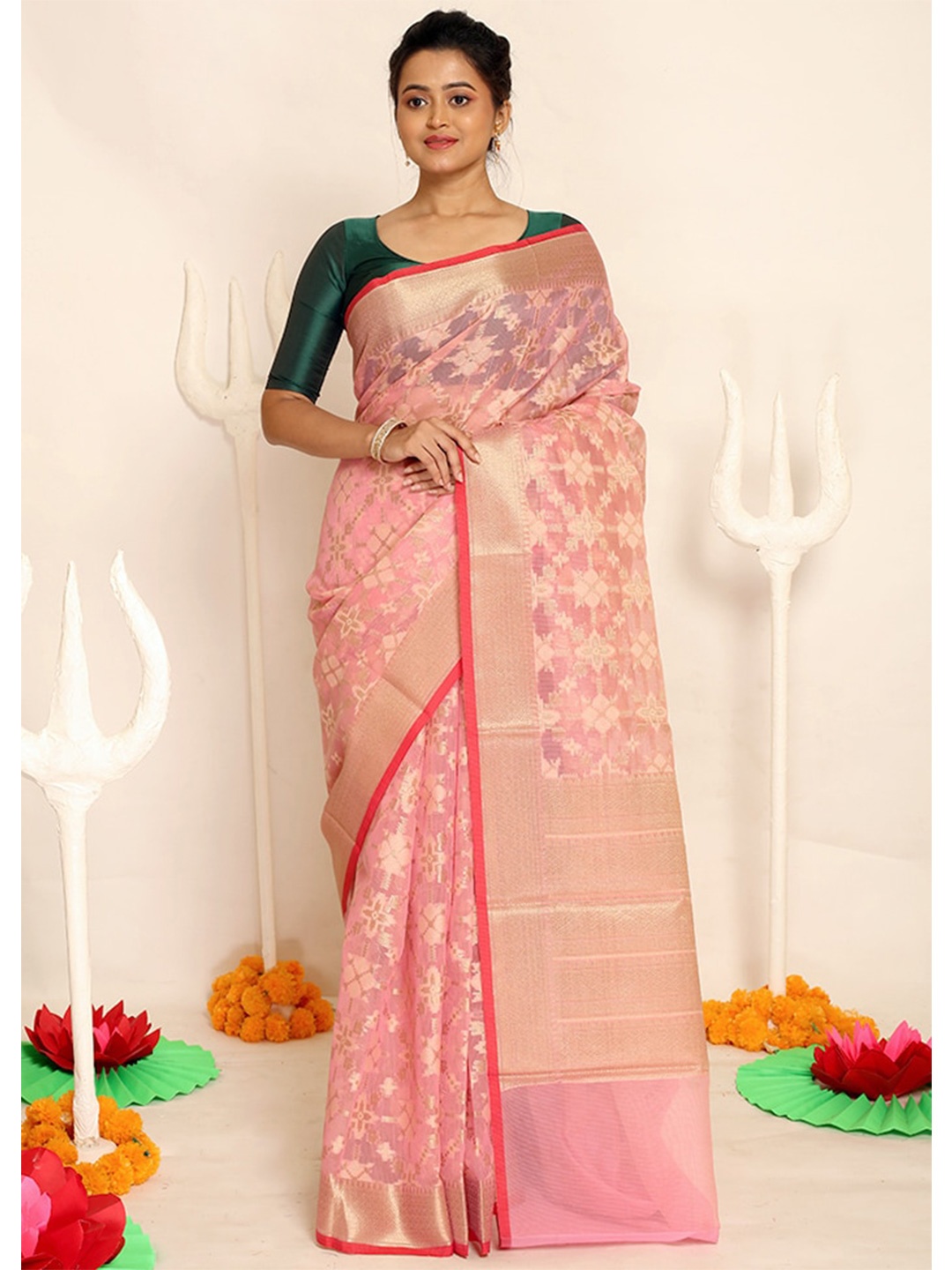 

AllSilks Pink & Red Woven Design Zari Silk Cotton Saree