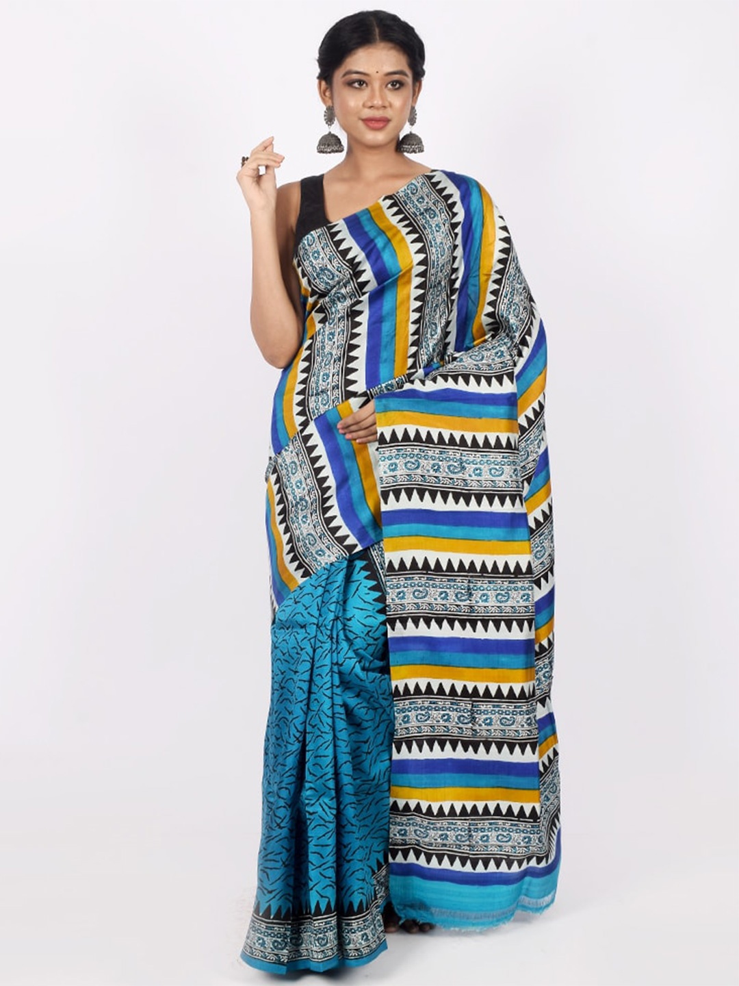 

AllSilks Blue & White Striped Pure Silk Saree
