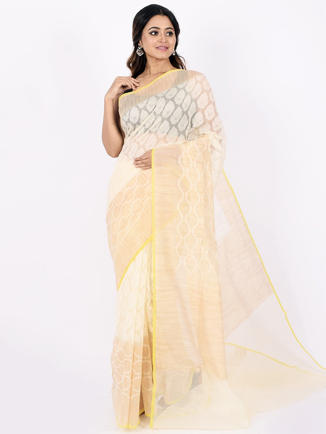 

AllSilks White & Peach-Coloured Woven Design Net Saree