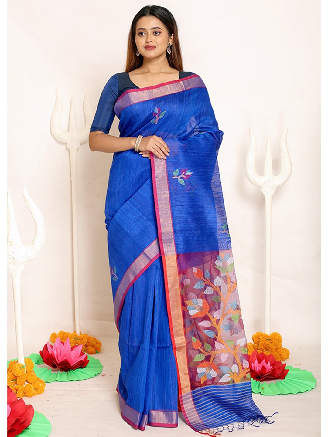 

AllSilks Blue & Red Floral Zari Pure Silk Saree
