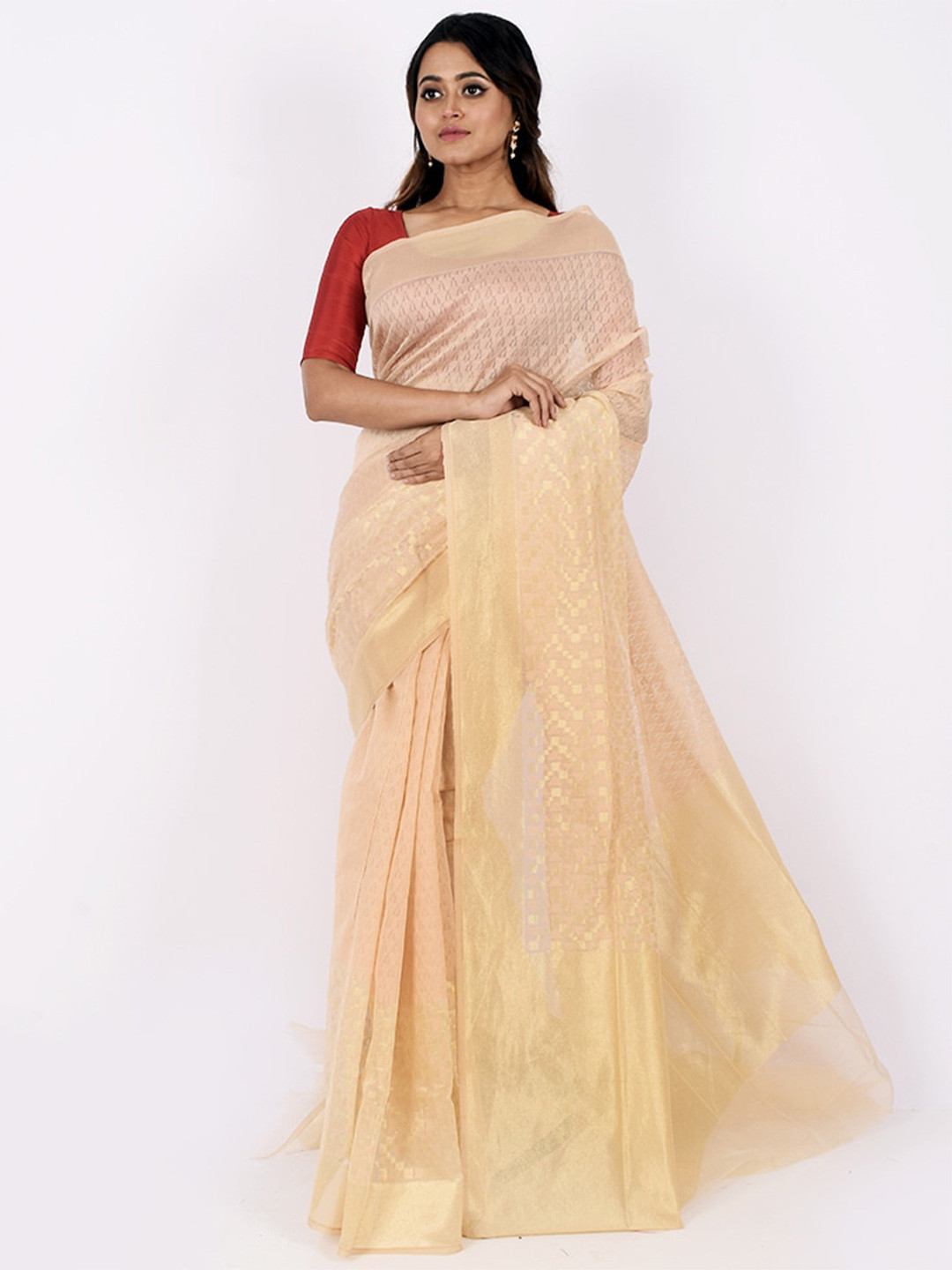 

AllSilks Cream-Coloured Woven Design Zari Net Saree